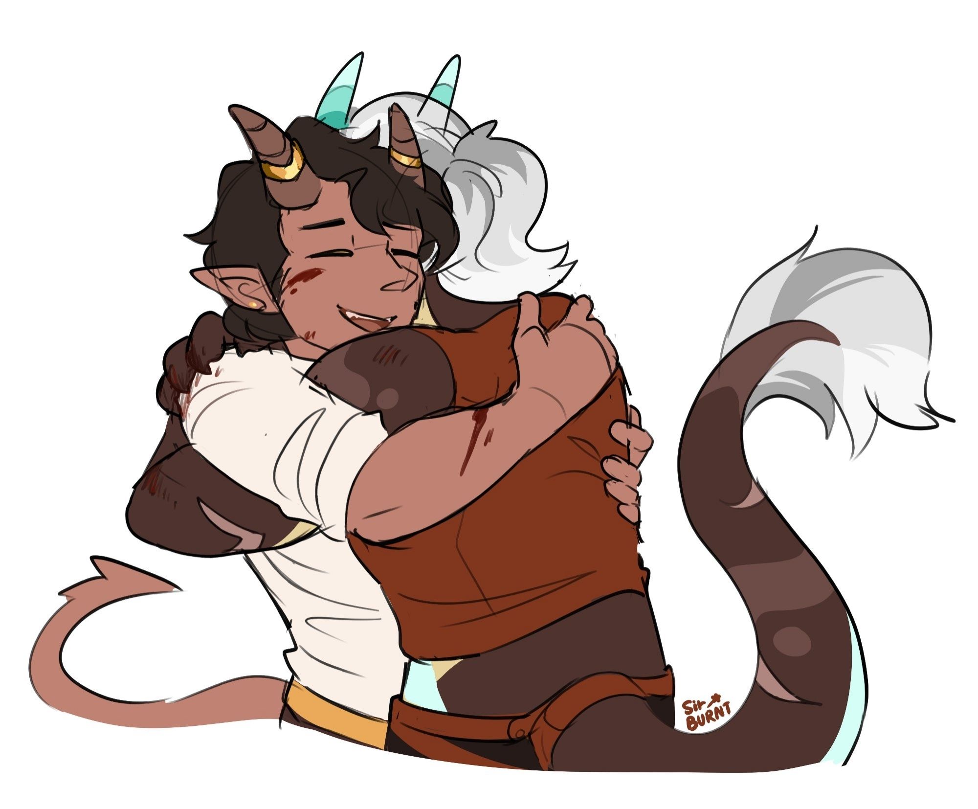 Two Dungeons and Dragons characters hugging, left side is a tiefling, right side a dragonborn