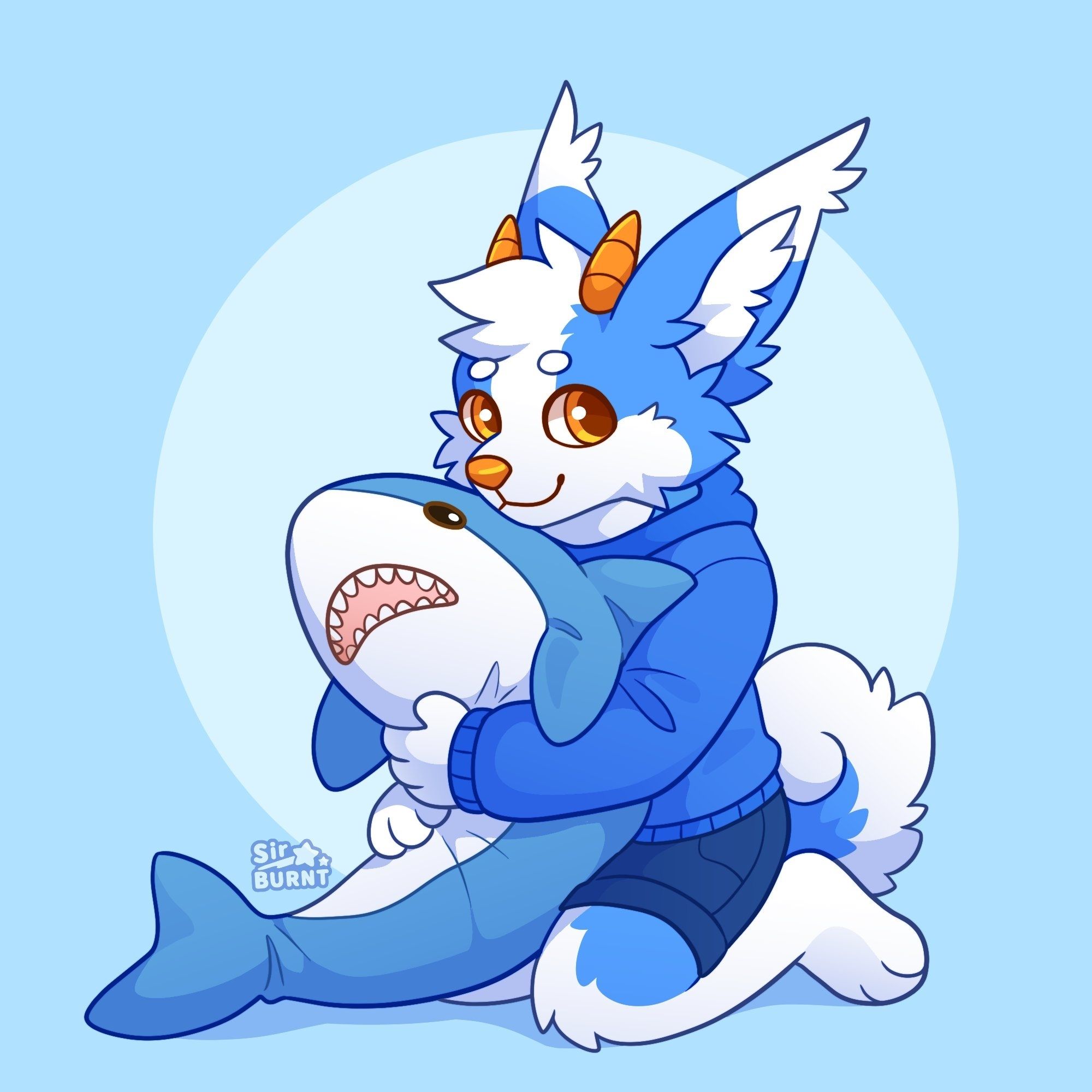 White and Blue fursona wearing a blue hoodie sitting in a kneeled position holding a blue Ikea plush shark.