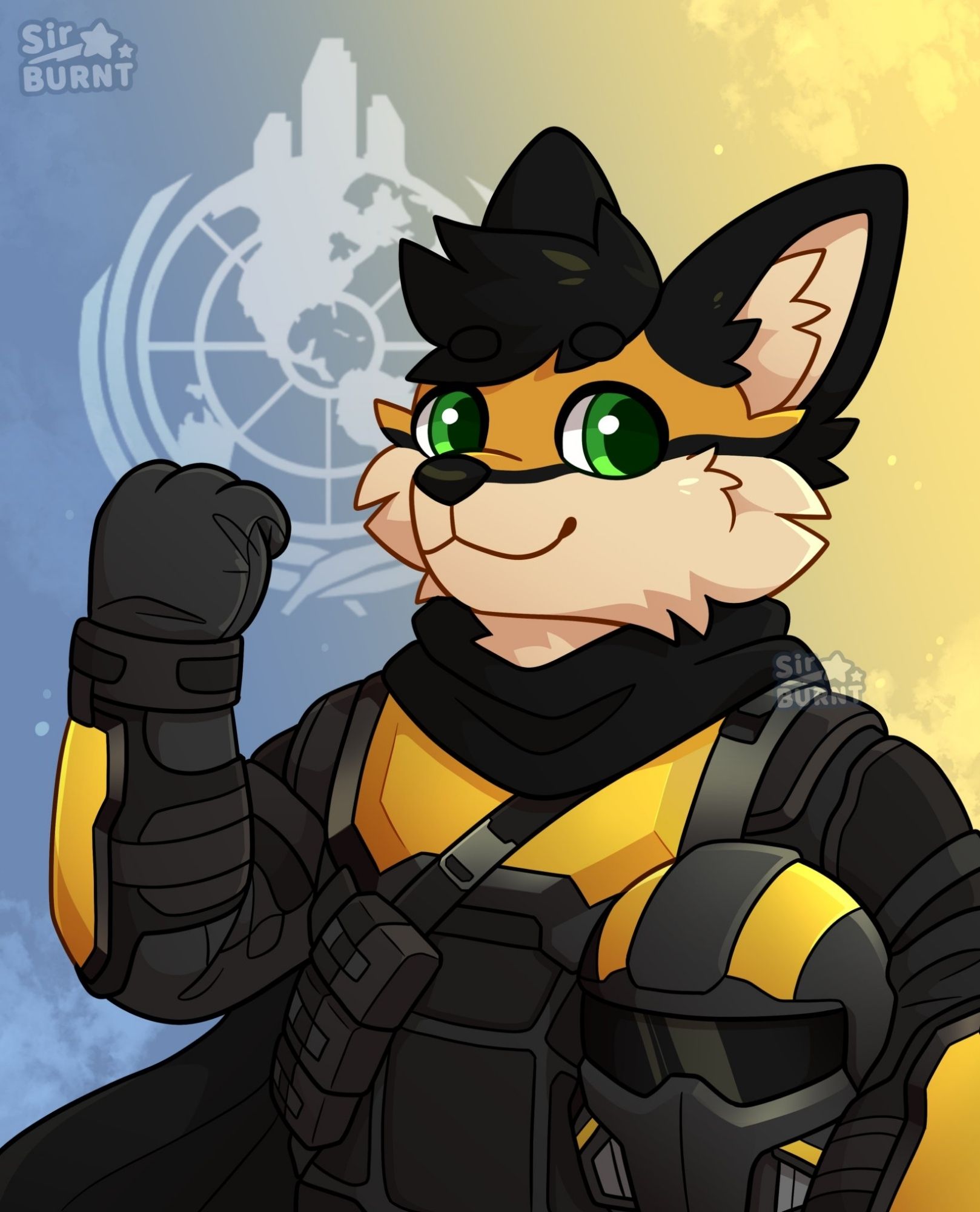 Fox fursona in a helldivers 2 uniform doing a salute and holding a helmet