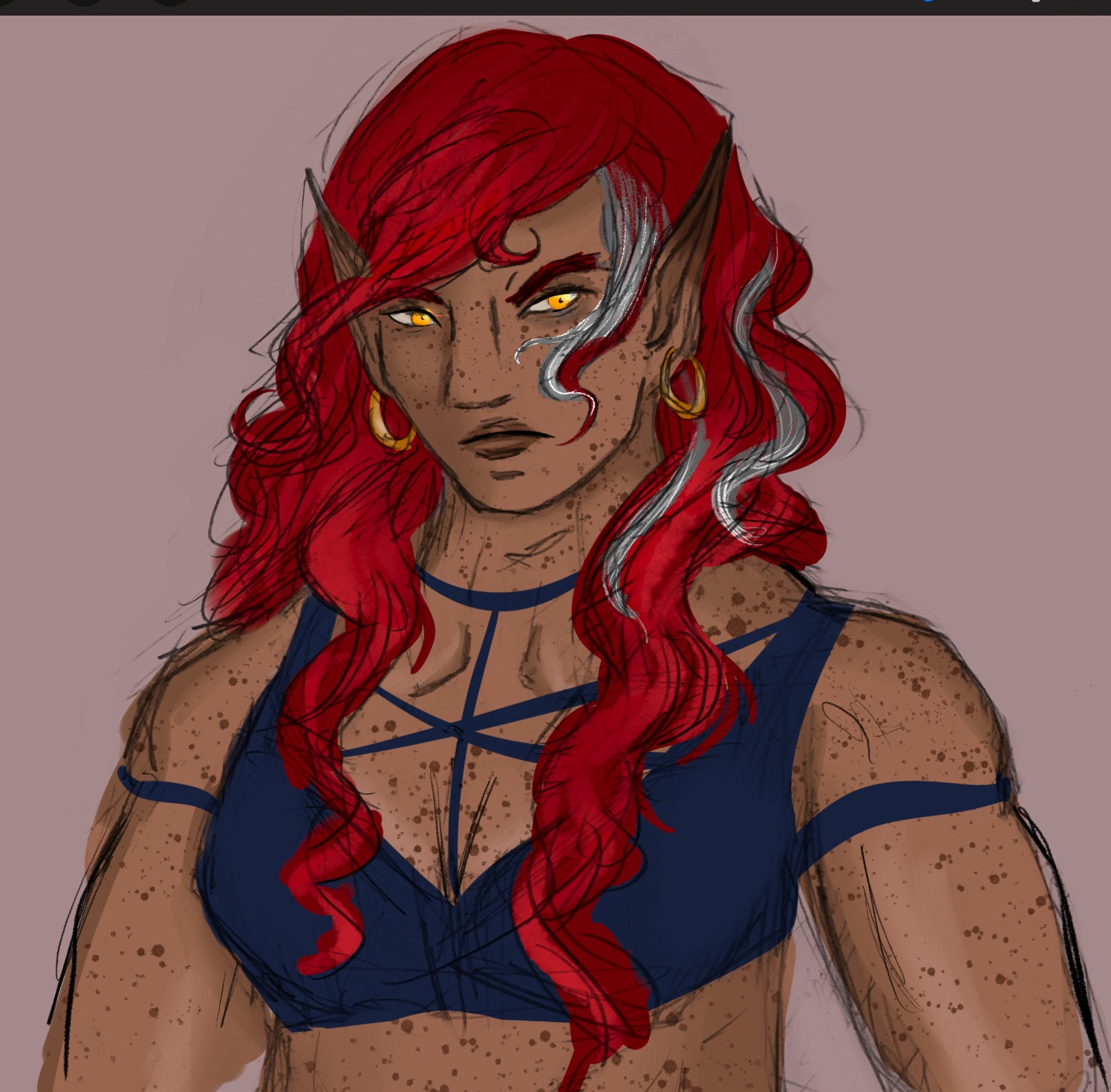 A muscular elven woman with brown skin and dark freckles. She has messy, wavy scarlet hair with some grey streaks from stress. She has golden eyes and a passively angered expression. She wears golden hoop earrings and a simple blue crop top.