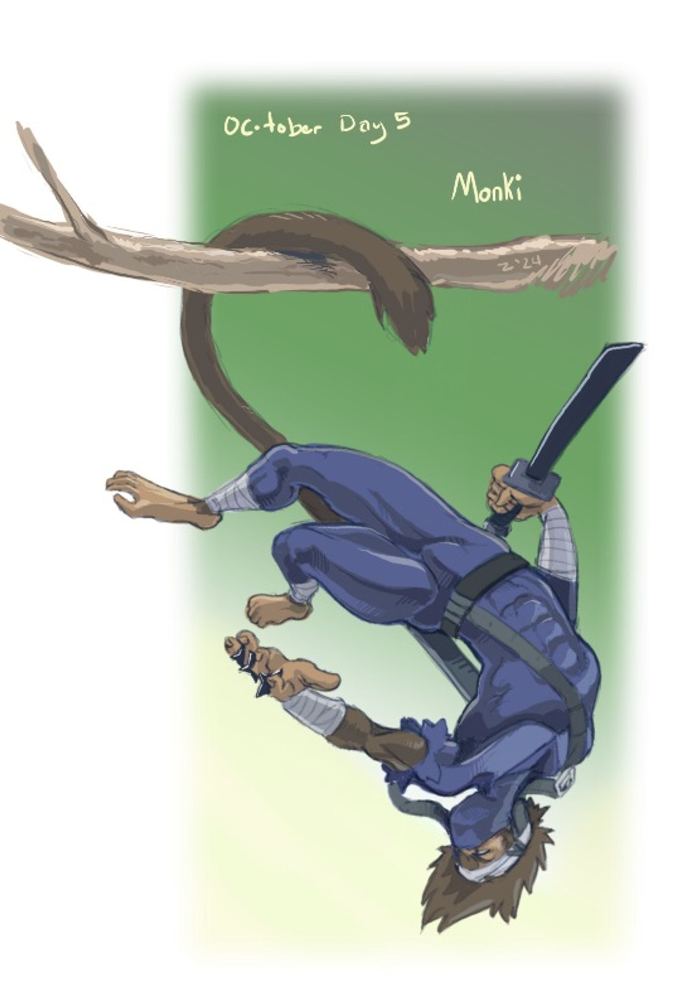 A muscular monkey man swinging by his tail upside-down from a tree branch. In one hand he has a black bladed short sword. In the other, a trio of shuriken. He is dressed in a dull purple body suit.