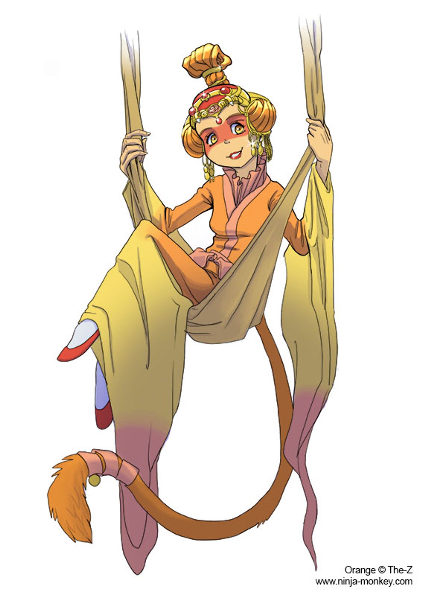 A monkey girl with orange hair and an orange furred tail. She is sitting in a swing made of a silk sash. Her outfit is mainly orange with the sleeves and pant legs transitioning into yellow and then pink at the ends. On her feet are two red slippers. Adored in an ornate headdress with shining gold and red jeweled accents, she seems to invite attention. Her hair is arranged into two buns on either side of her hair and then a high topknot. A red band of make-up stretches across her eyes. Her lips are painted red.