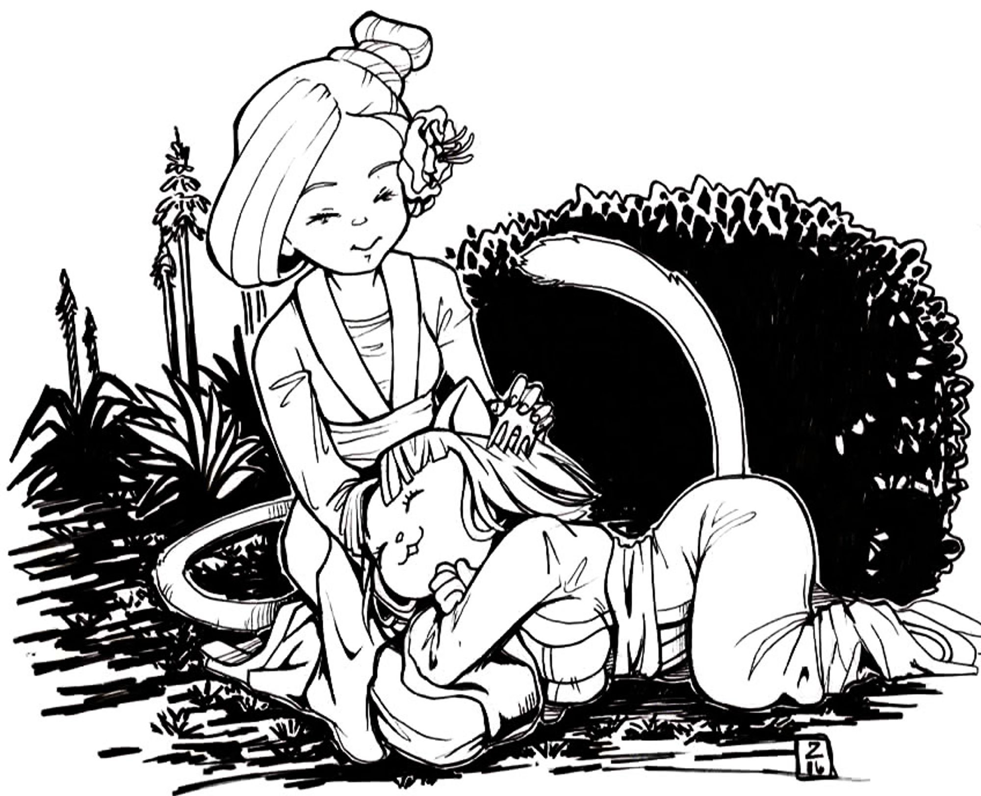 A black and white image of a monkey girl in a silk robe combing the hair of a cat girl. The latter seems to be enjoying the attention and the monkey girl is smiling. They are surrounded by a background of grasses and a large bush. The cat girl is dressed in silk robes similar to her companion.