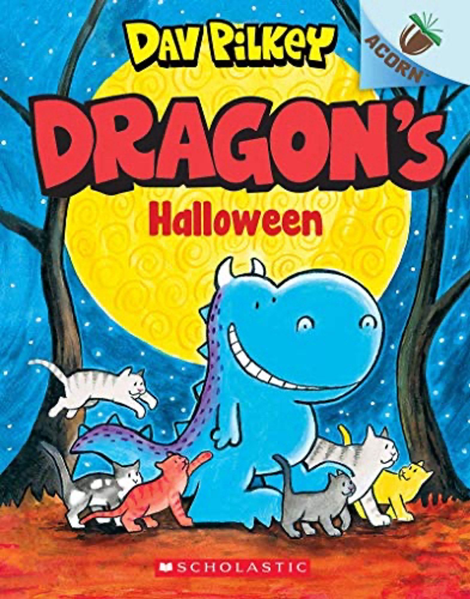 _Dragon’s Halloween_ by Dave Pilky
The over of this book has a big, blue cartoon dragon walking accompanied by a clowder of cats. A full moon textured with swirlies frames Dragon’s head. Two barr, slender trees frame the entire scene.