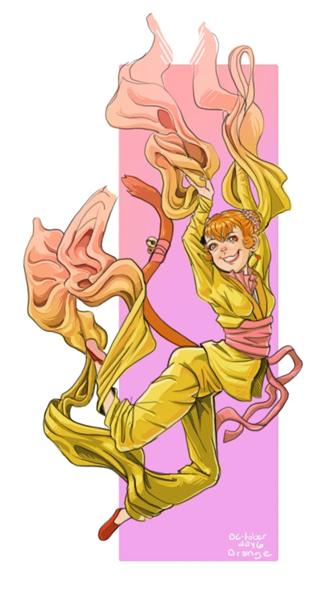 A young monkey girl with orange hair and an orange furred tail. She smiles, suspended in the air with silken sleeves and pant legs fluttering in the air. Her costume is primarily yellow, transitioning to pink at the ends. A pink sash secures it at the middle and she has a pink pleated collar emerging from her top. One her tail is a ribbon tied with two round bells. On her feet are two red slippers. Her orange hair is arranged into a pair of buns decorated with pink flowers.