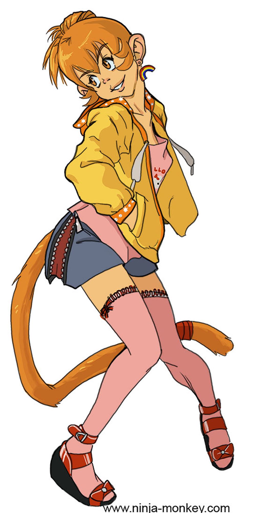 An orange haired, orange furred monkey girl in a yellow jacket and gray skirt. The skirt is zippered up the side with a red panel underneath that makes the zipper teeth appear like a mouth. Her legs are clad in high pink stockings and on her feet are wedge sandals with shiny red leather tops. She has one rainbow earring and an endearing expression.