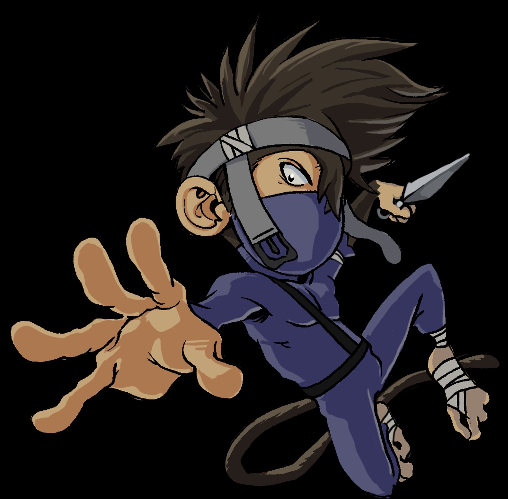 A chibi version of a monkey man in a dull purple body suit. He is reaching toward the viewer with one hand. In the other is a kunai.