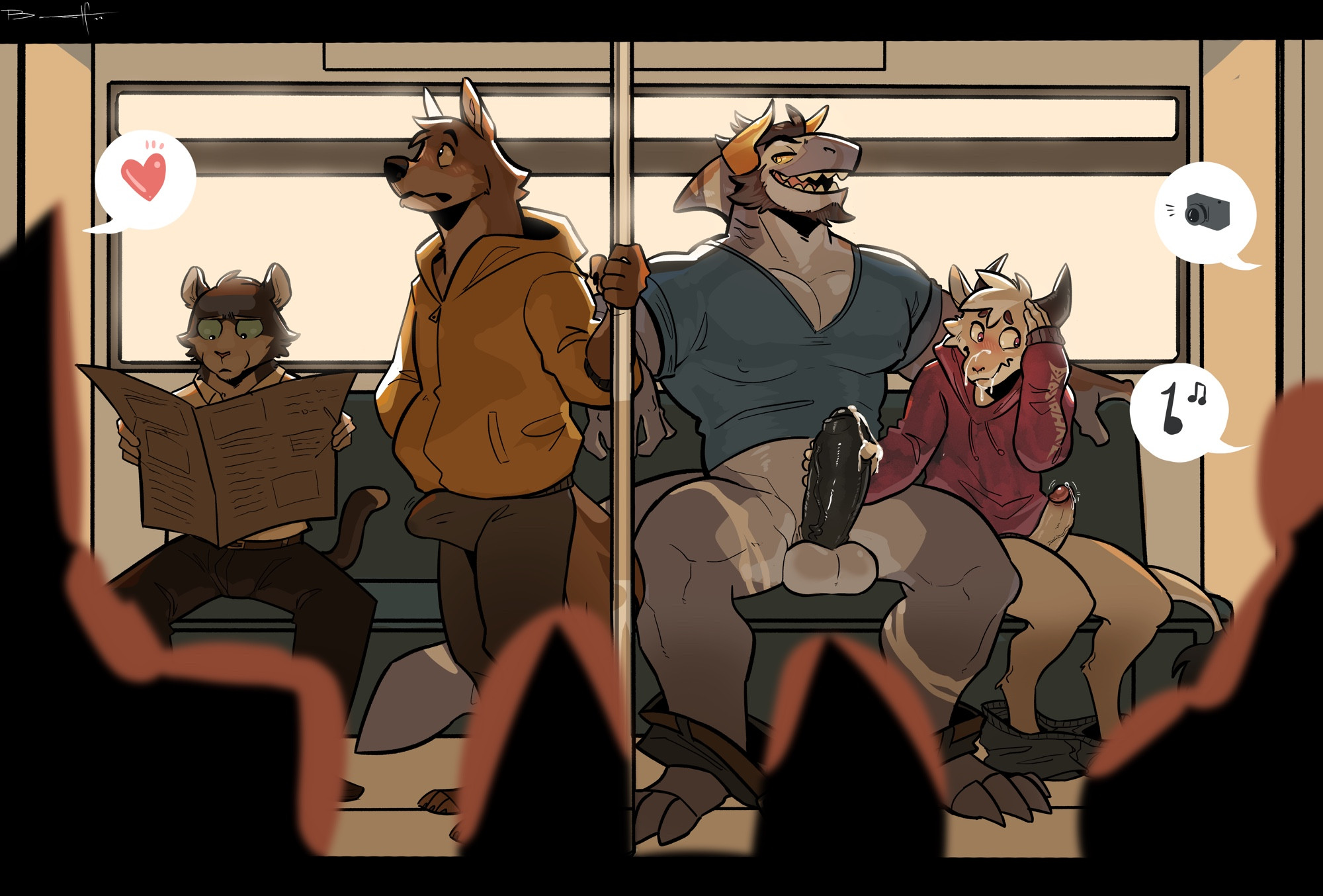 NSFW anthropomorphic furry illustration. A shark, Dante, sits in a busy subway, pantsless, next to a goat Sammy. Dante wears a cocky open grin as he looks around while a clearly nervous Sammy (also pantsless) has one hand on the shark’s huge boner, his fave covered in cum. Multiple bystanders surround the two. #furryart #Dante