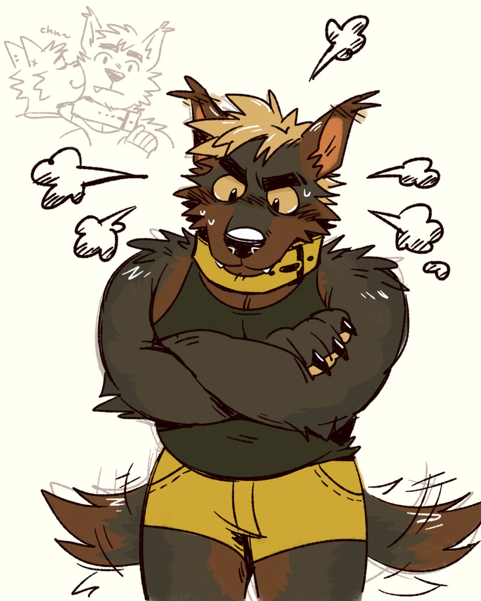 Furry illustration of an anthropomorphic coyote, Ferik. He looks extraordinarily flustered and is wagging his tail following a cheek kiss.