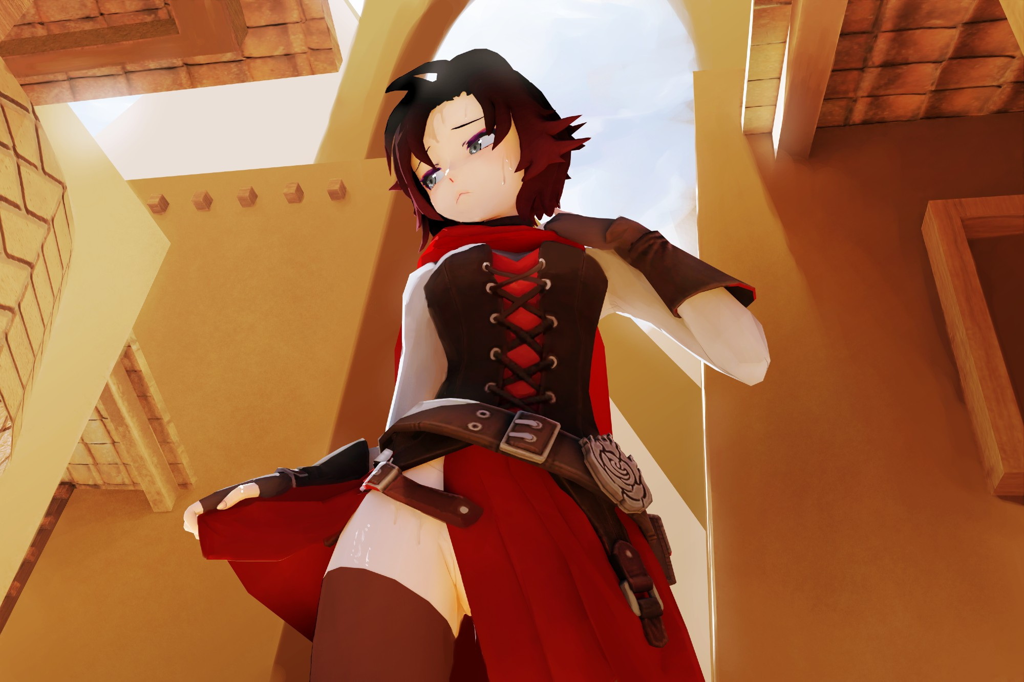 An image of Ruby Rose from RWBY in a desert city. She is sweating and is lifting her skirt to cool herself.