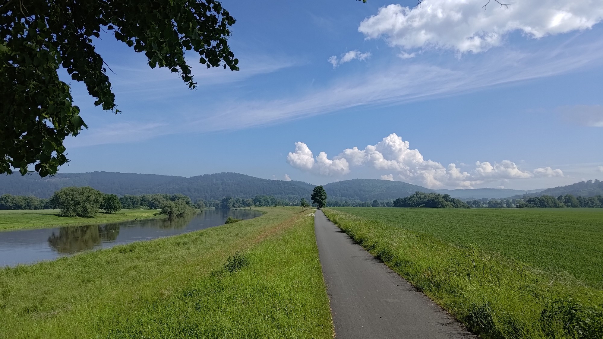 Fahrradweg auf Weserdamm, weiß-blauer Himmel