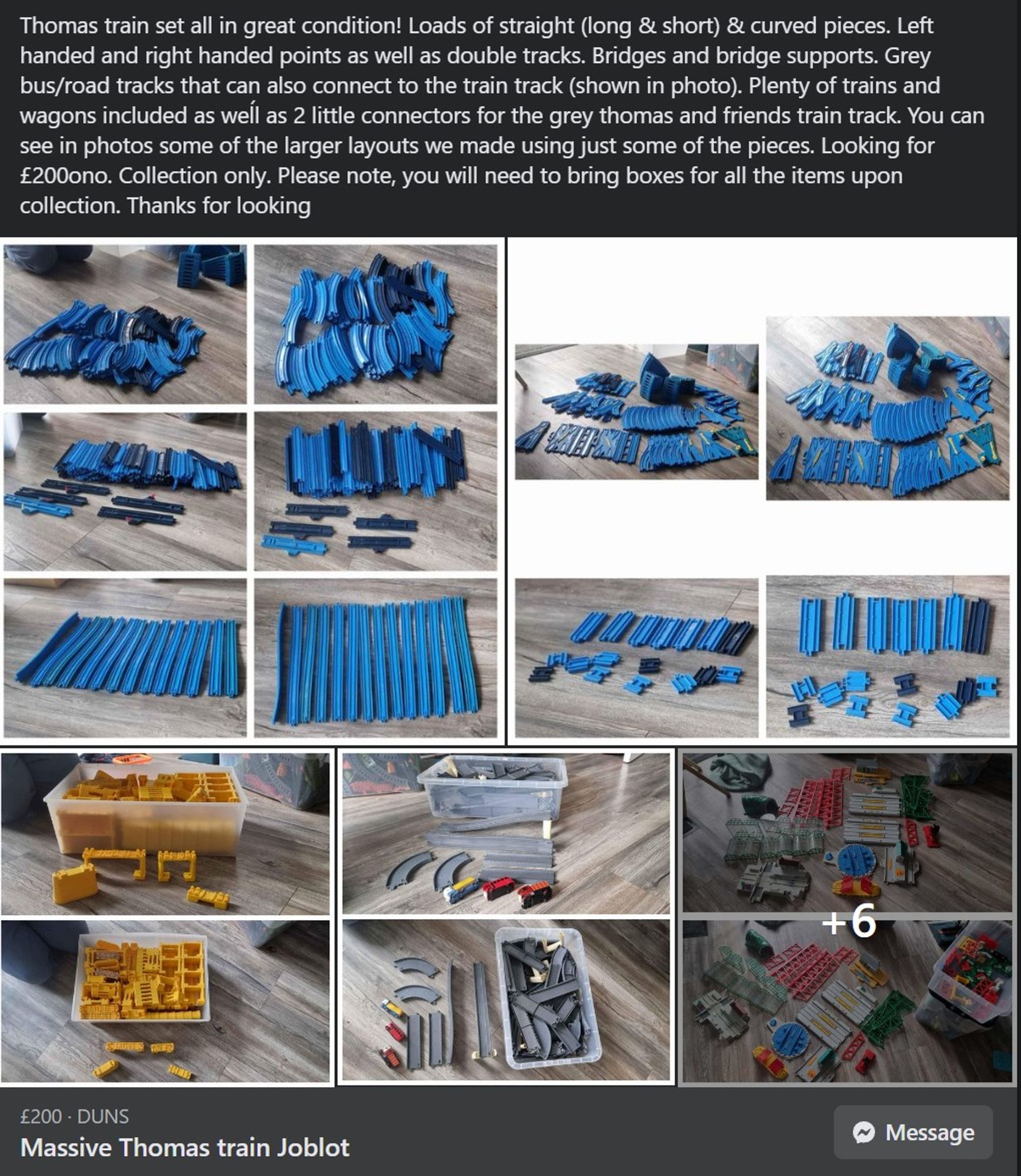 Screenshot of a facebook market place advert for a thomas train set. Pictures of hundreds of straight and curved parts, track joints, connectors and bridges.