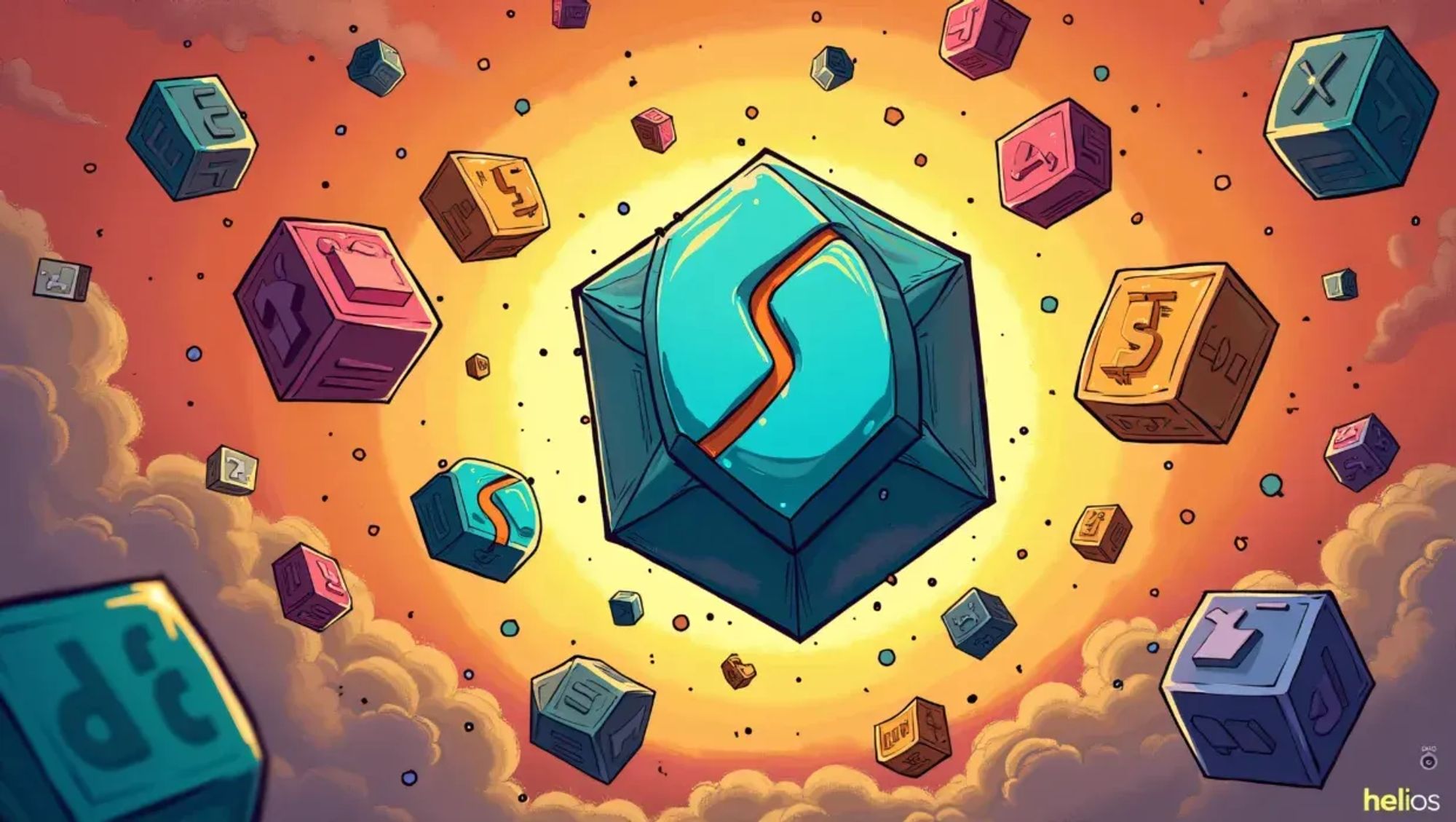 A cartoon Synthetix logo is shown with multiple tokens floating around it, each one being accepted as collateral by the platform's derivatives market. The tokens are depicted as different colored blocks or coins that are all connected to the central Synthetix symbol.