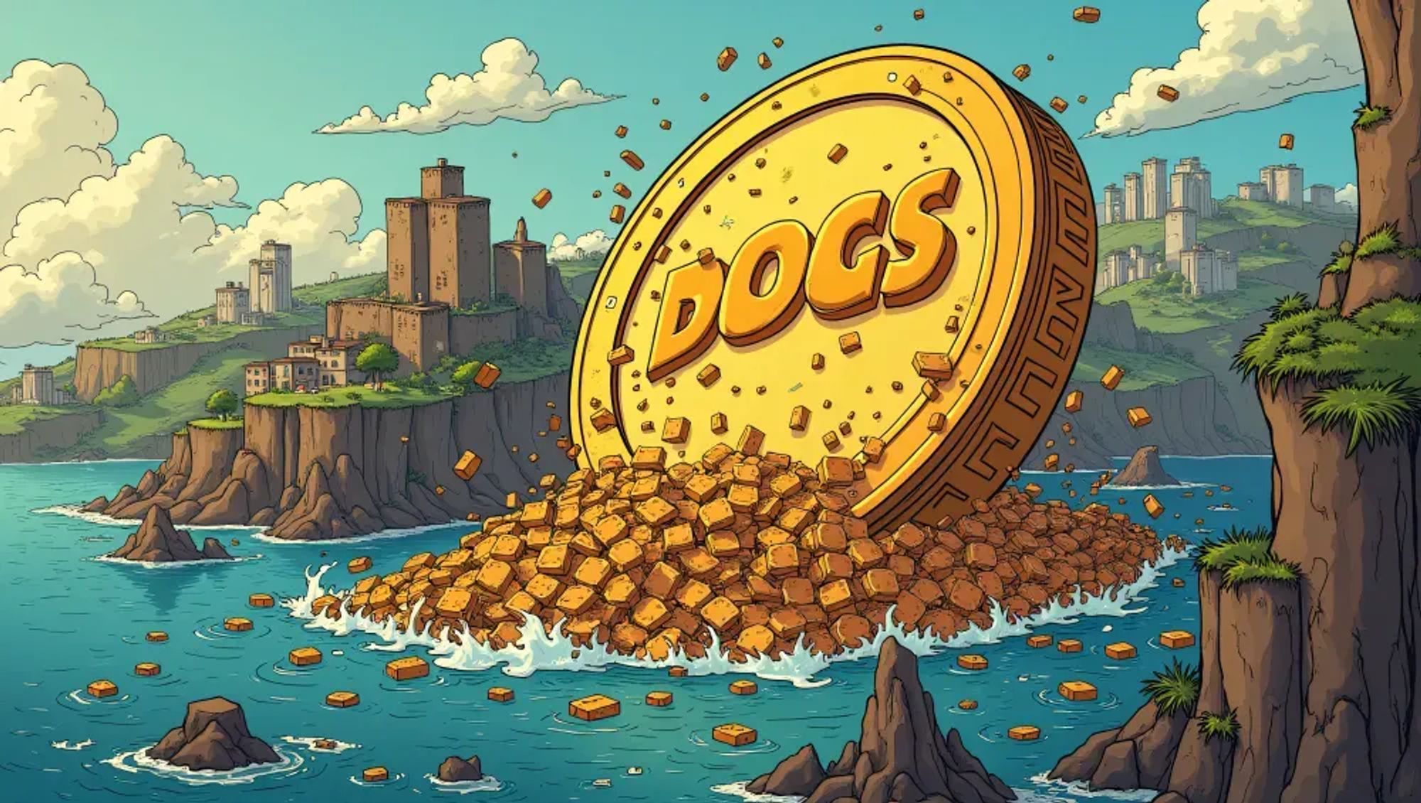 A cartoon blockchain network with blocks falling off a cliff as a giant 'DOGS' token crashes down on top of them, causing chaos and destruction in its wake.