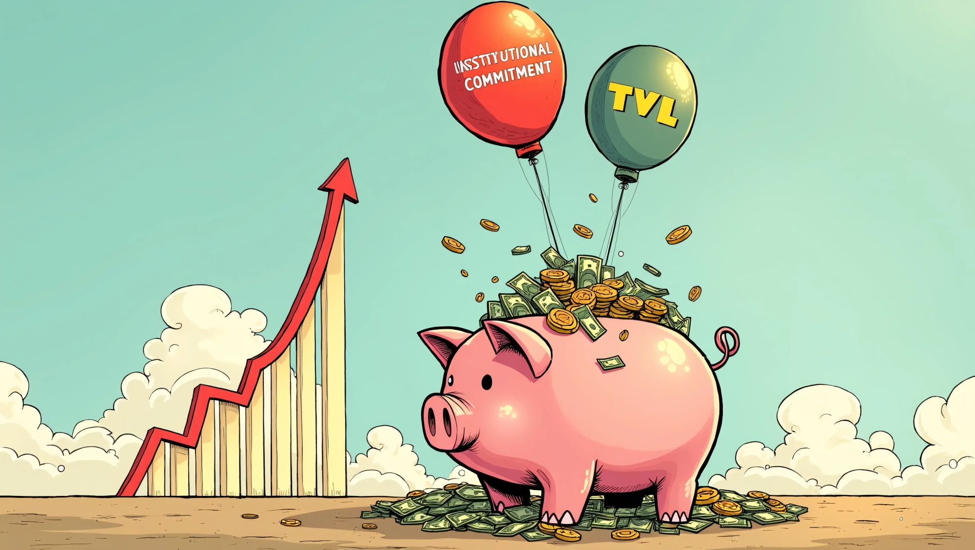 A  illustration depicting a giant piggy bank overflowing with coins and bills as it's being lifted by two balloons labeled 'Institutional Commitment' and 'TVL', while in the background, a graph showing an upward trend is rising to meet them.