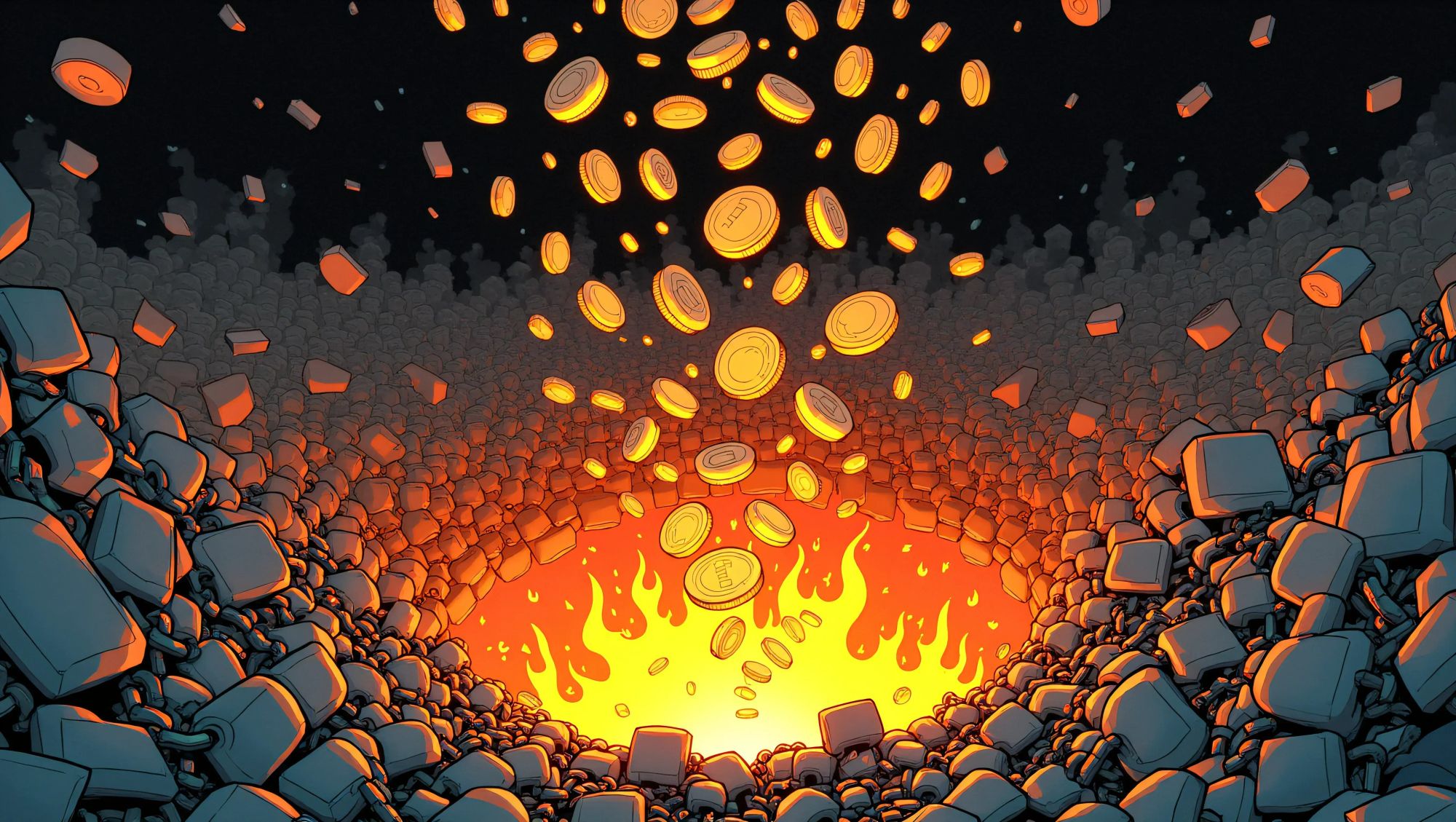 A stylized illustration of coins plummeting into an abyss with flames engulfed at the bottom, amidst a chaotic background of broken chains and scattered blocks.