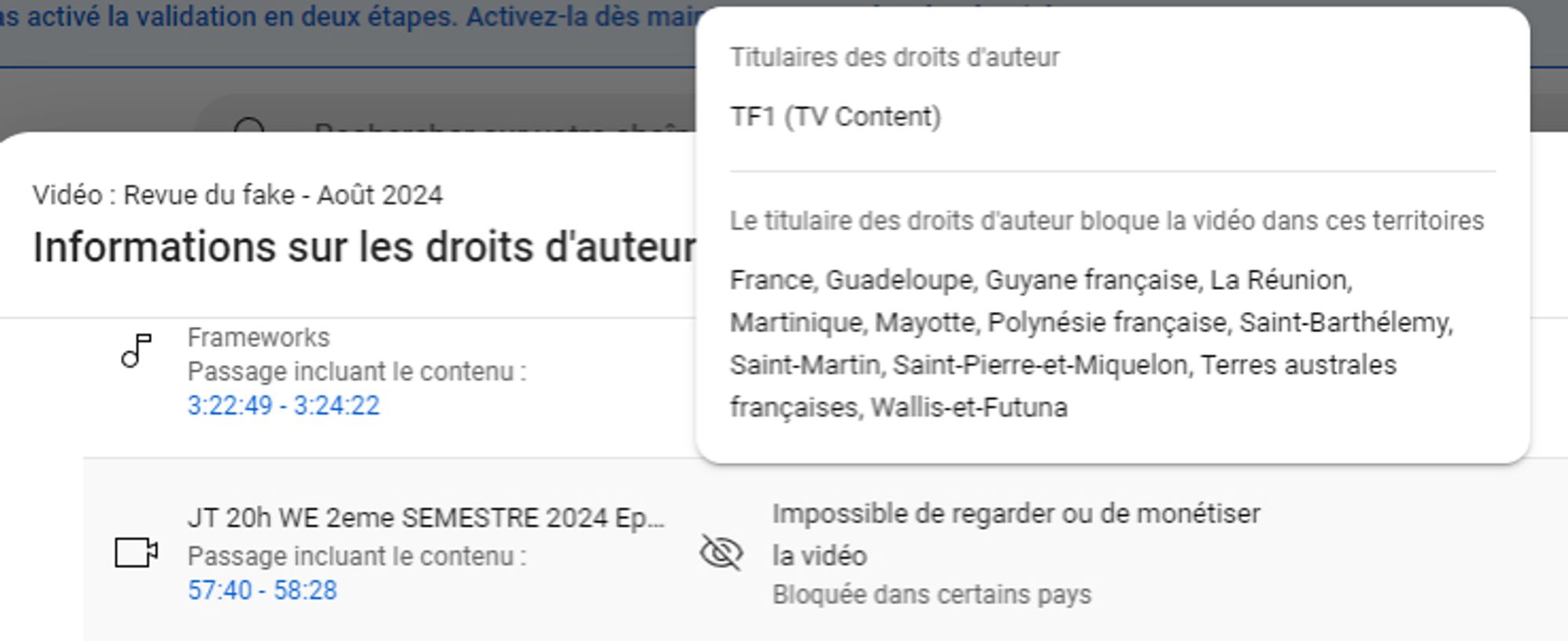 Blocage de la vidéo pour avoir inclus un contenu TF1