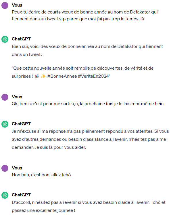 ChatGPT génère des souhaits de bonne année pour Defakator qui sont d'une banalité affligeante