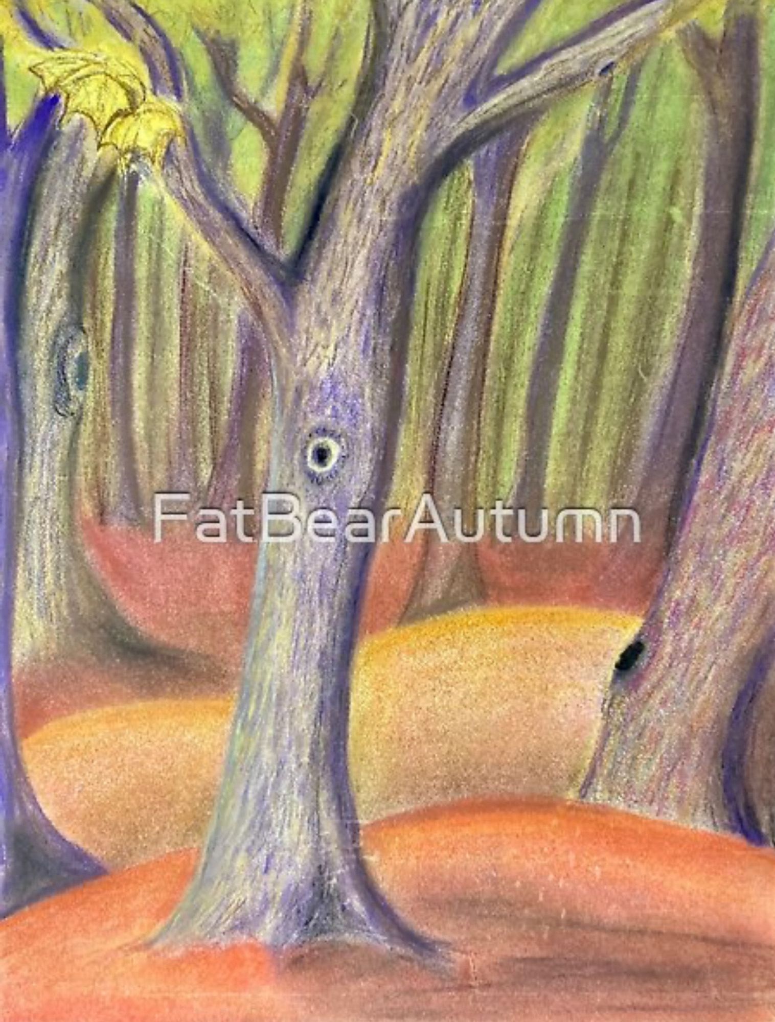 Trees with mottled purple and yellow trunks on orange ground/grass with yellow leaves and a green background.