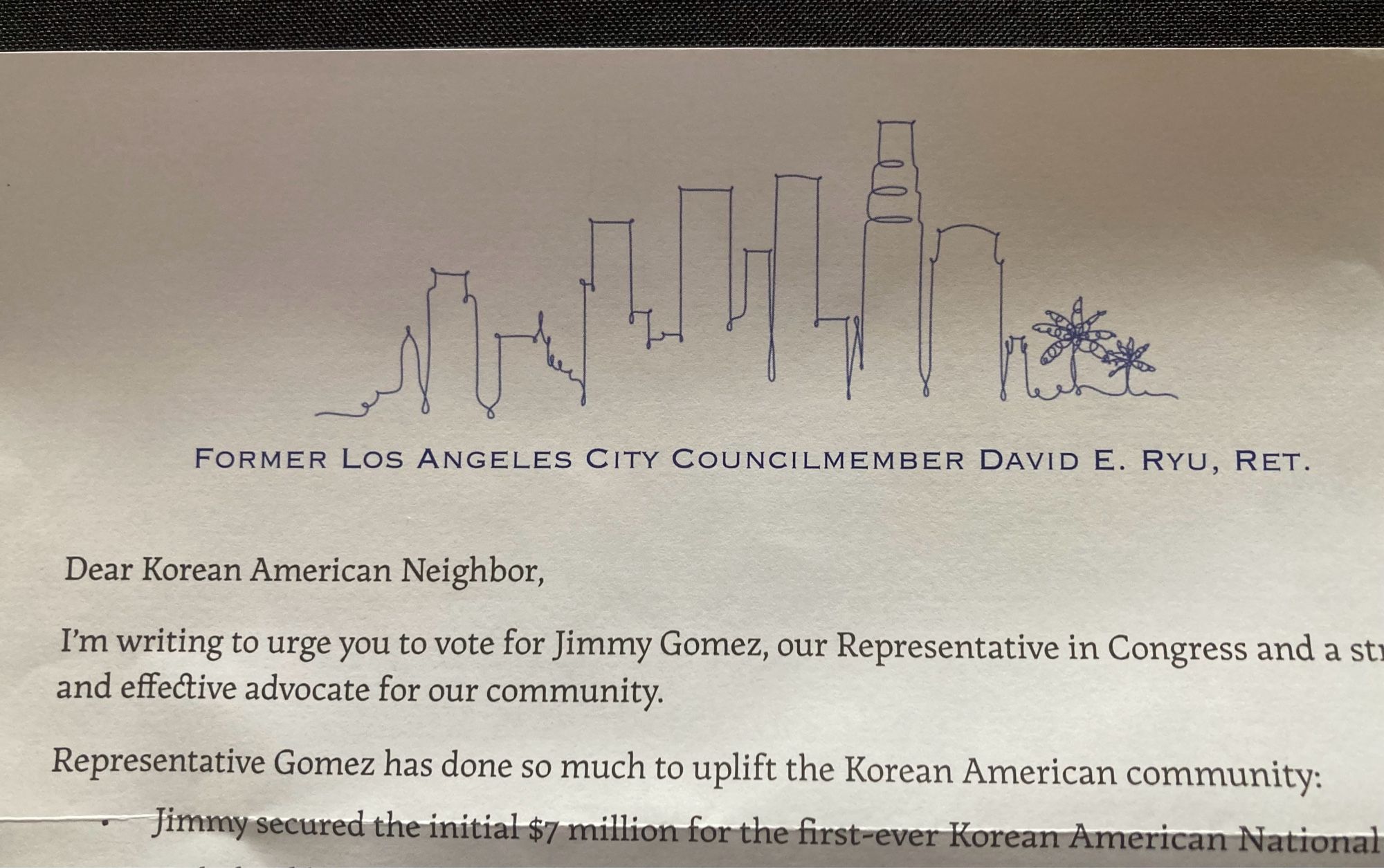 Jimmy Gomez mailer from “Former Los Angeles city council member David E Ryu, Ret.” addressed to “Dear Korean American Neighbor”