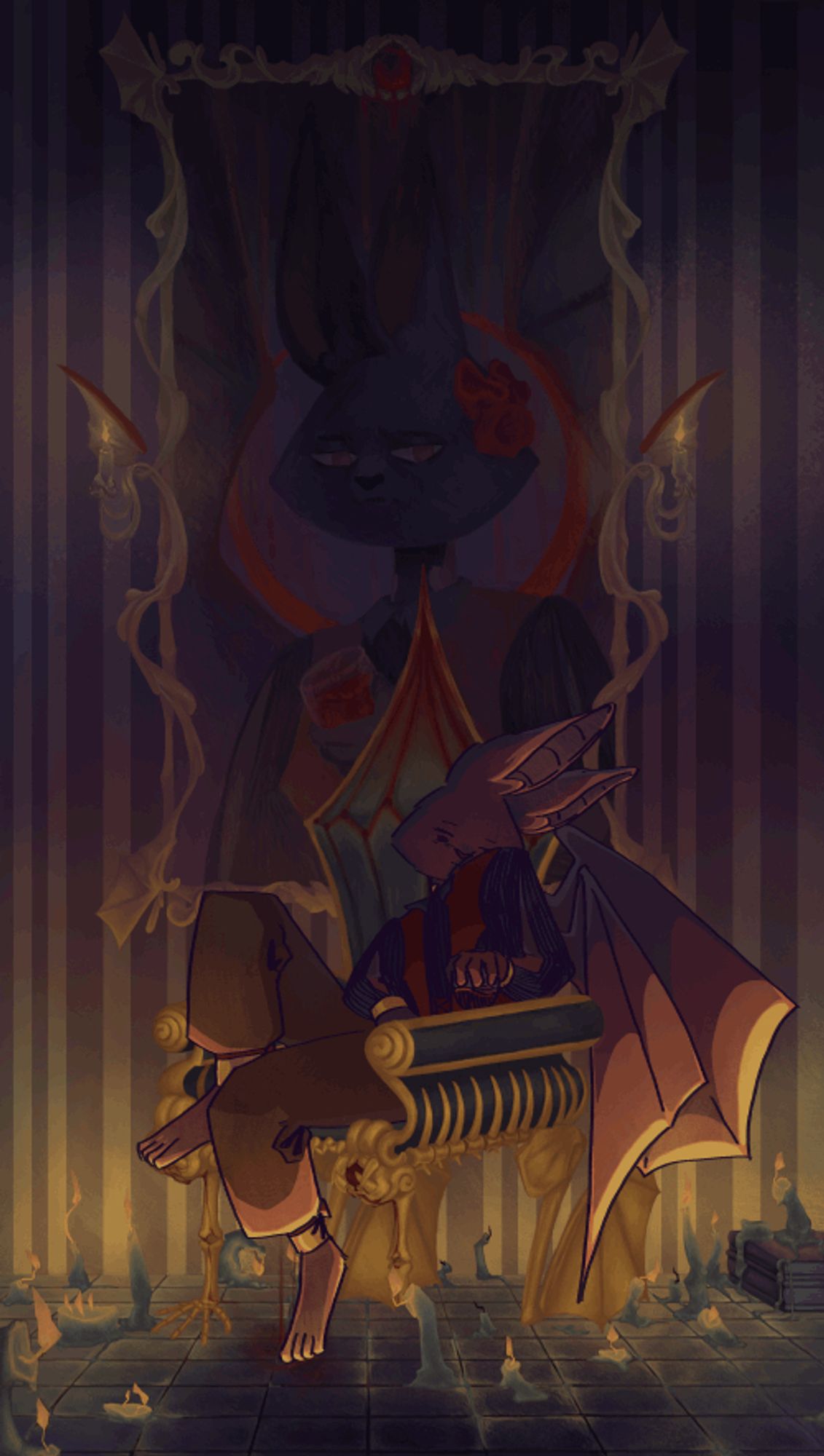 lit from candles from below, a vampire sitting on a fancy chair out of gold, wine of glass in the left hand, leaning down the head on the shoulder on the right, wings down the back
portrait of said bat behind them