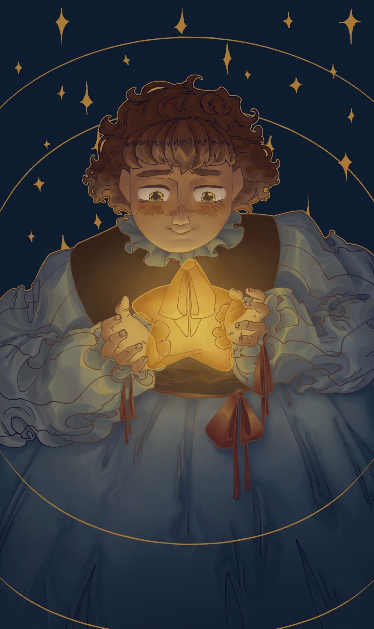 a kiddo catching a star, the lighting is coming from said star, they are smiling and lookingdown at it
the red stuff are bows hanging from the sleeves and waist