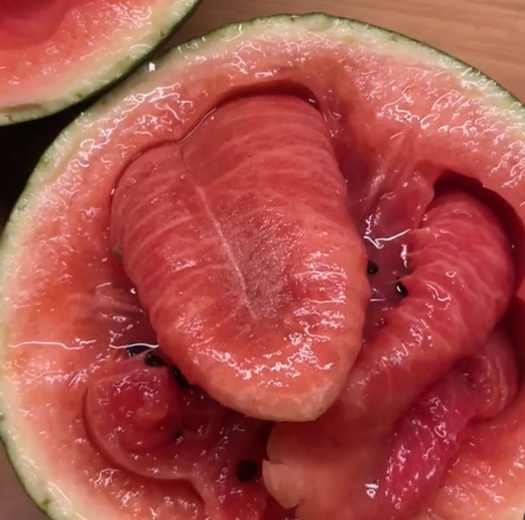 A water melon that is cut in half but one half looks as though there are tongues instead of watermelon flesh, they are rounded and soft and it looks as though there are three laying on top of each other. This is due to rot