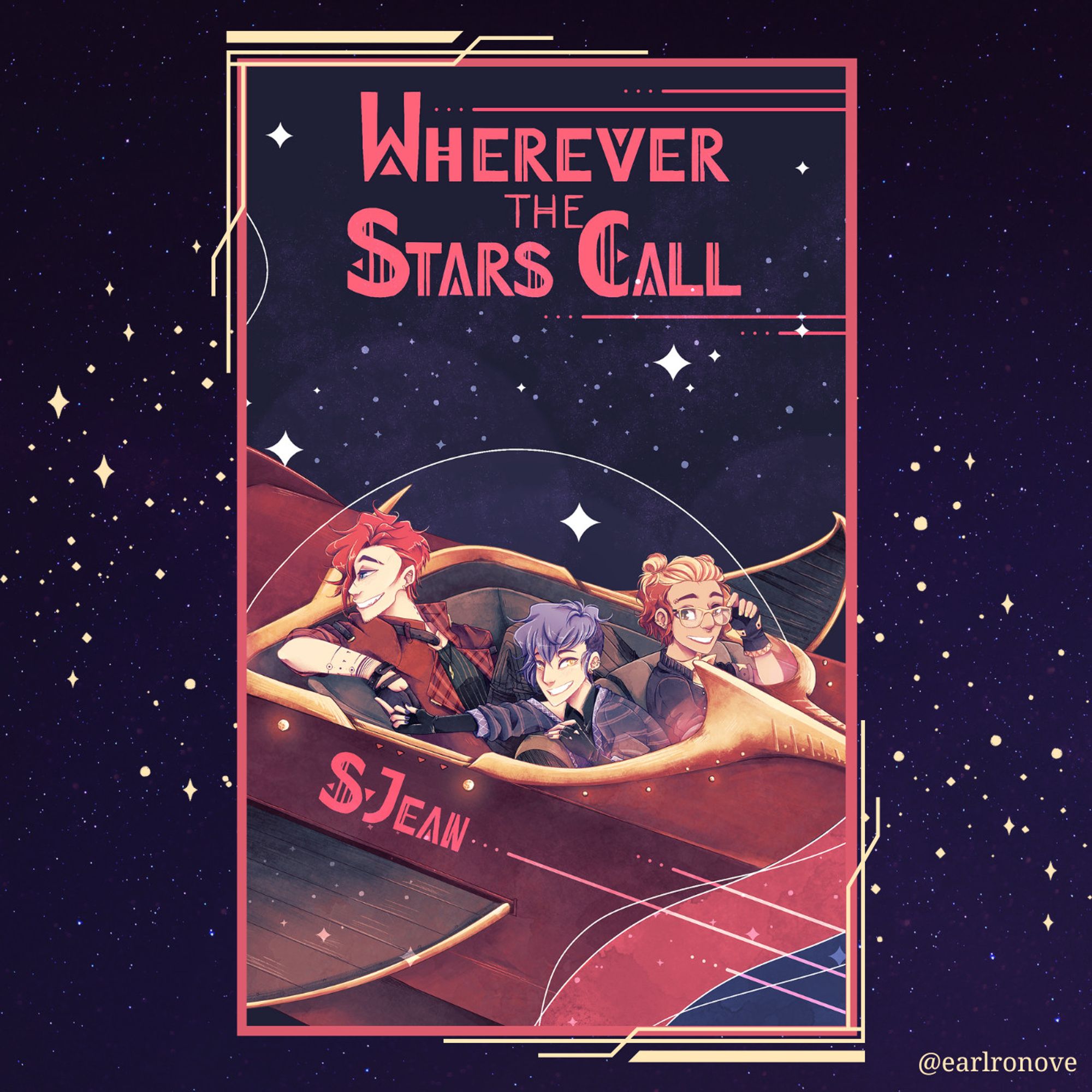 Cover for Wherever the Stars Call by S. Jean. The cover features three people on a red space cruiser resembling an old 50s car flying through space. The characters inside are two teenagers and a vampire. The teen driving has short hair (half of it blonde in buns, the other half in a bob and red) and she is wearing yellow glasses and a brown coat. The one beside her has blue hair brushed toward the front and wears a blue cardigan. They are raising the middle finger to someone unseen while grinning at the camera. The character crammed in the seat behind them is the vampire with cherry-red hair, a huge grin to show off his teeth, and he is wearing a blood-red jacket over a dark tanktop. Above them is the name of the novel and written across the ship is the author's name.