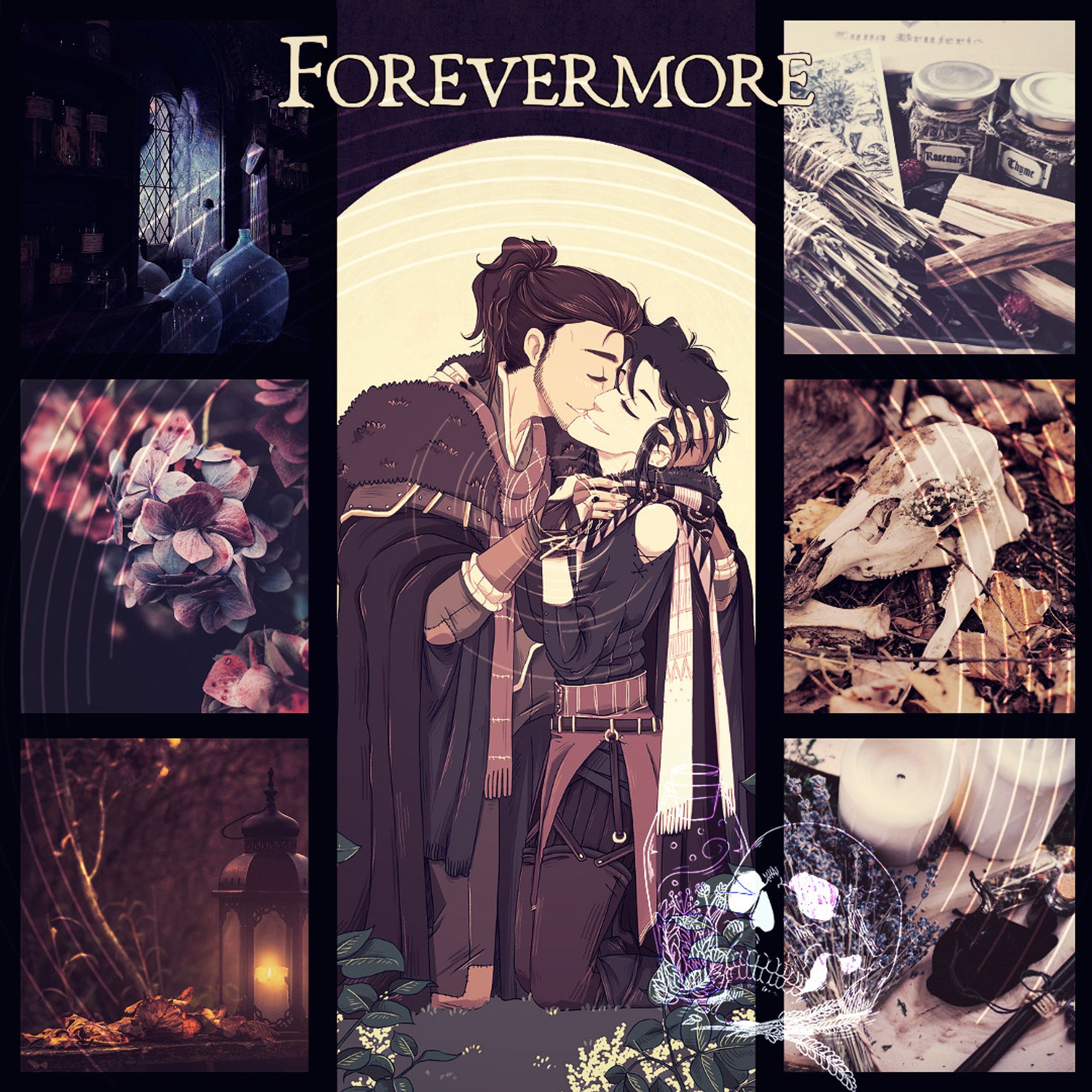 image of a moodboard for Forevermore. In the center is a cropped cover image centering on the two main characters. From top left down the images are of a dark window looking into an alchemical room with bottles and urns. The secnd image is of red and white flowers. The third is a lantern with a candle lit in a forest in autumn. From right top to bottom the first image is an assortment of herbs and jars. The second is a skull of an elk like creature against dead leaves. The last image is of candles, lavender, and spell casting equipment.