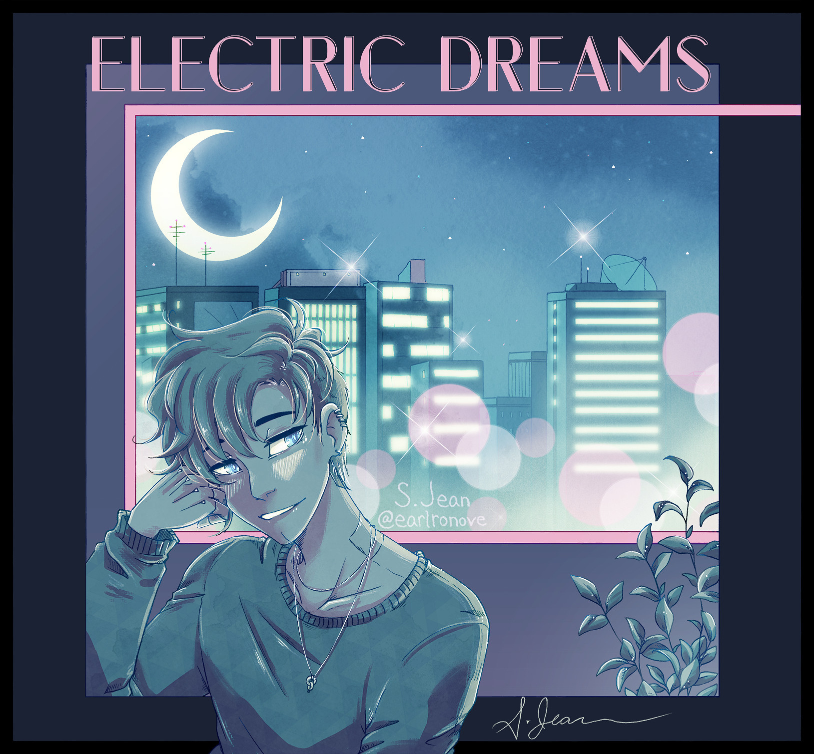 Album-esque cover for Electric Dreams. It features the android, Echo, resting his cheek on his fist as he looks off screen in a sly manner. Behind him is a city-scape done in the style of the 90s anime, Sailor Moon.