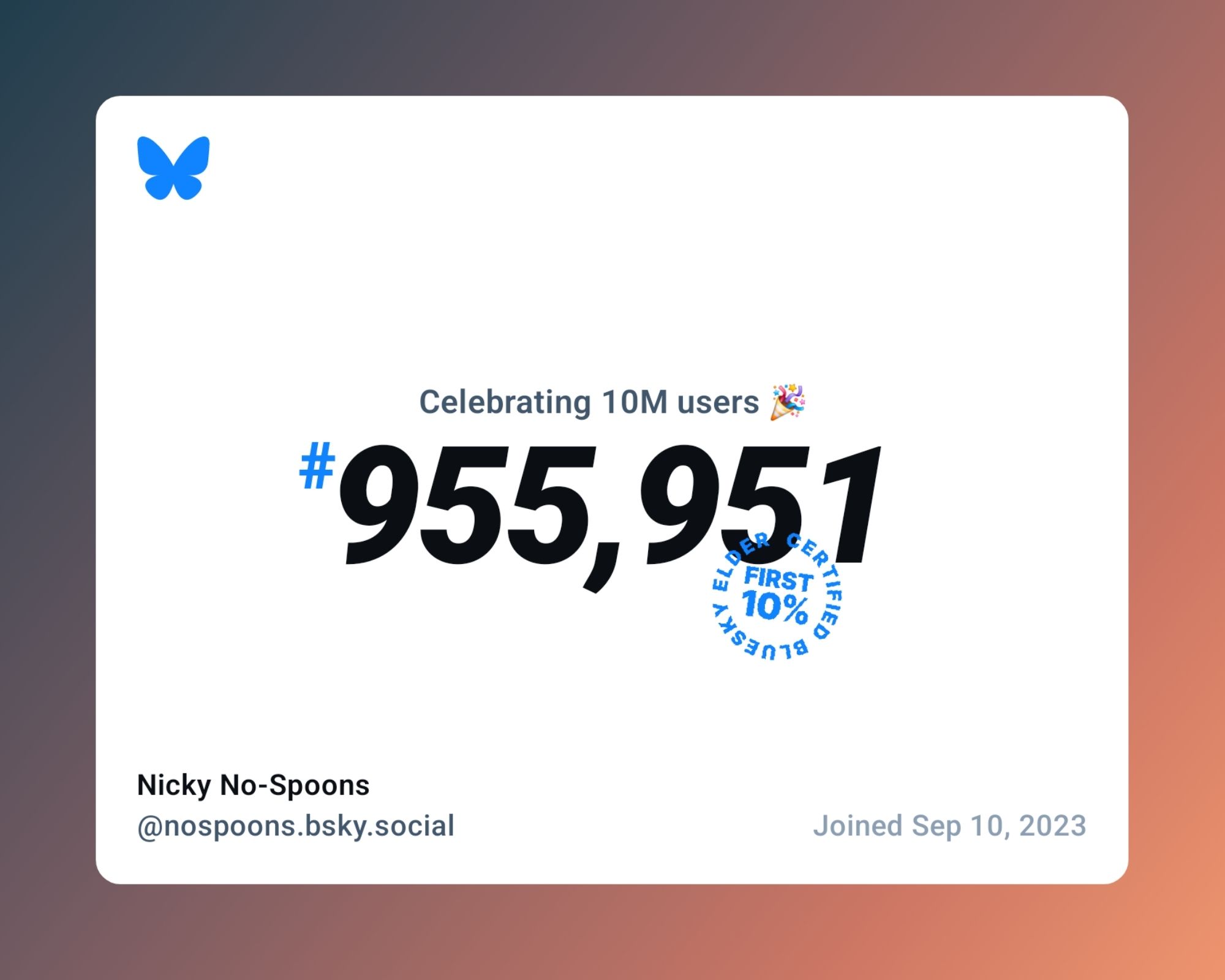 My user # for @nospoons.bsky.social, 955,951. I'm annoyed at the near repetition. 955,955 would have been a much better number.