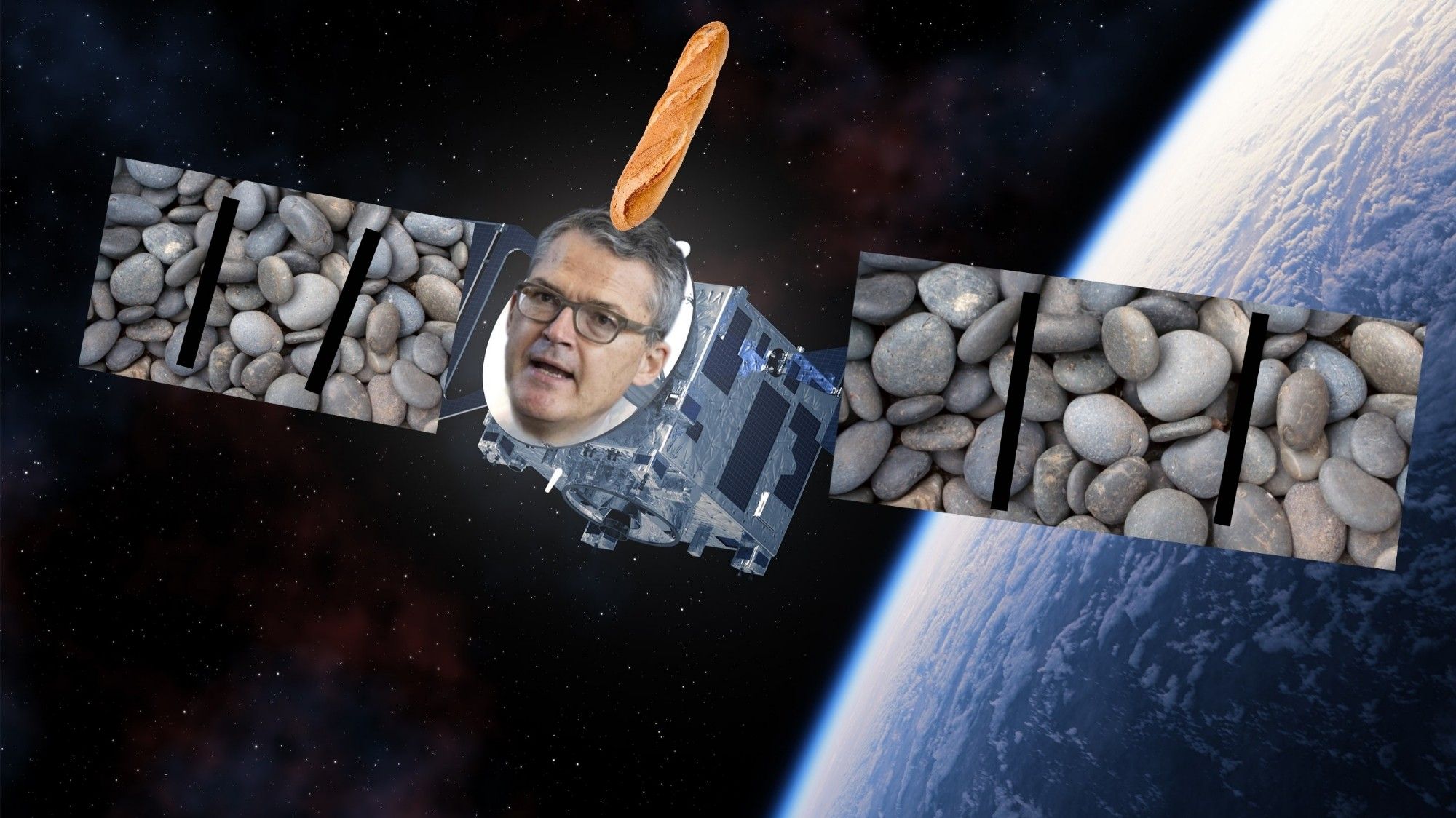 Roderich Kiesewetter als Satellit mit einem Baguette aufm Kopf und 2 Kies Panels