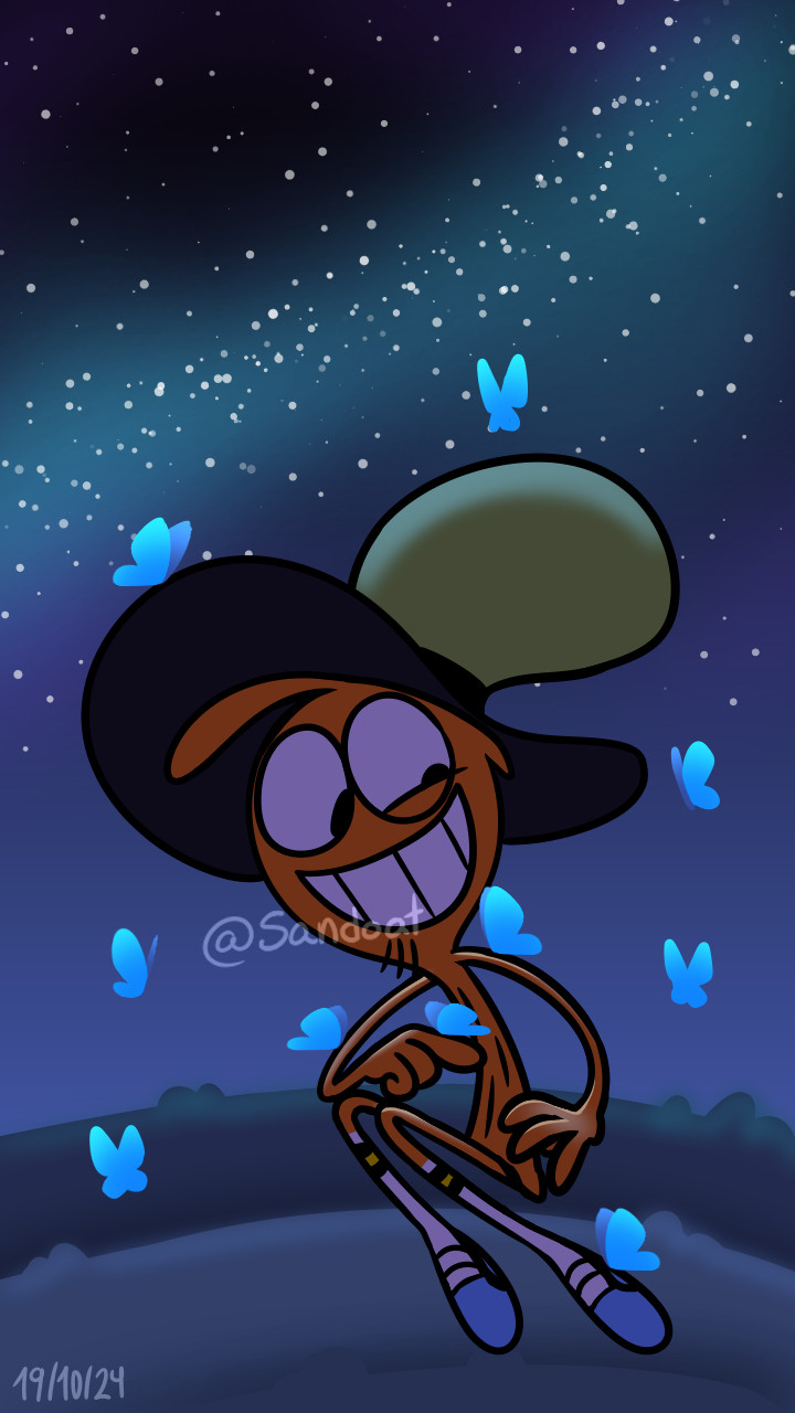 Wander from Wander Over Yonder playing with blue butterflies under a beautiful sky, making a reference to this app