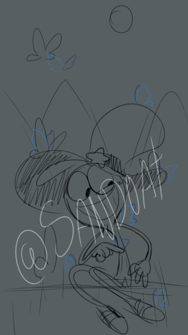 a sketch of Wander from Wander Over Yonder playing with blue butterflies, please dont use.