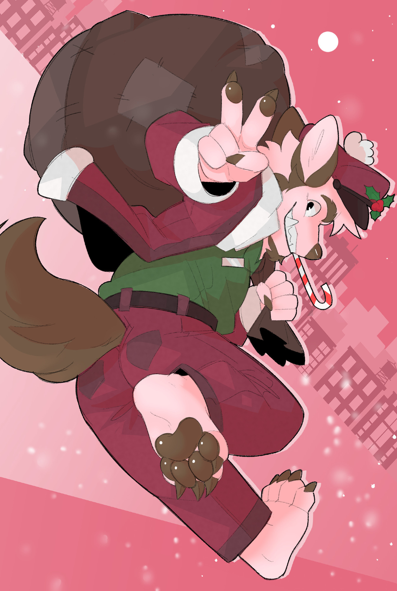 Art by Brokesgone of a pink dog dashing on his way to deliver presents! #furry #furryart #brokesart