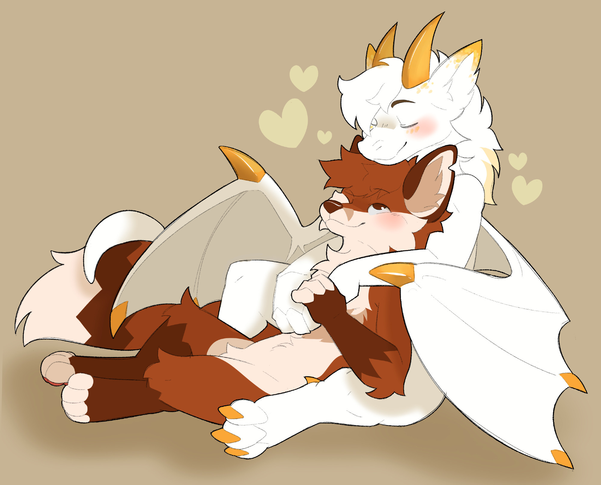 Art by Brokesgone of a dragon boy cuddling with his fox friend. #furry #furryart #brokesart