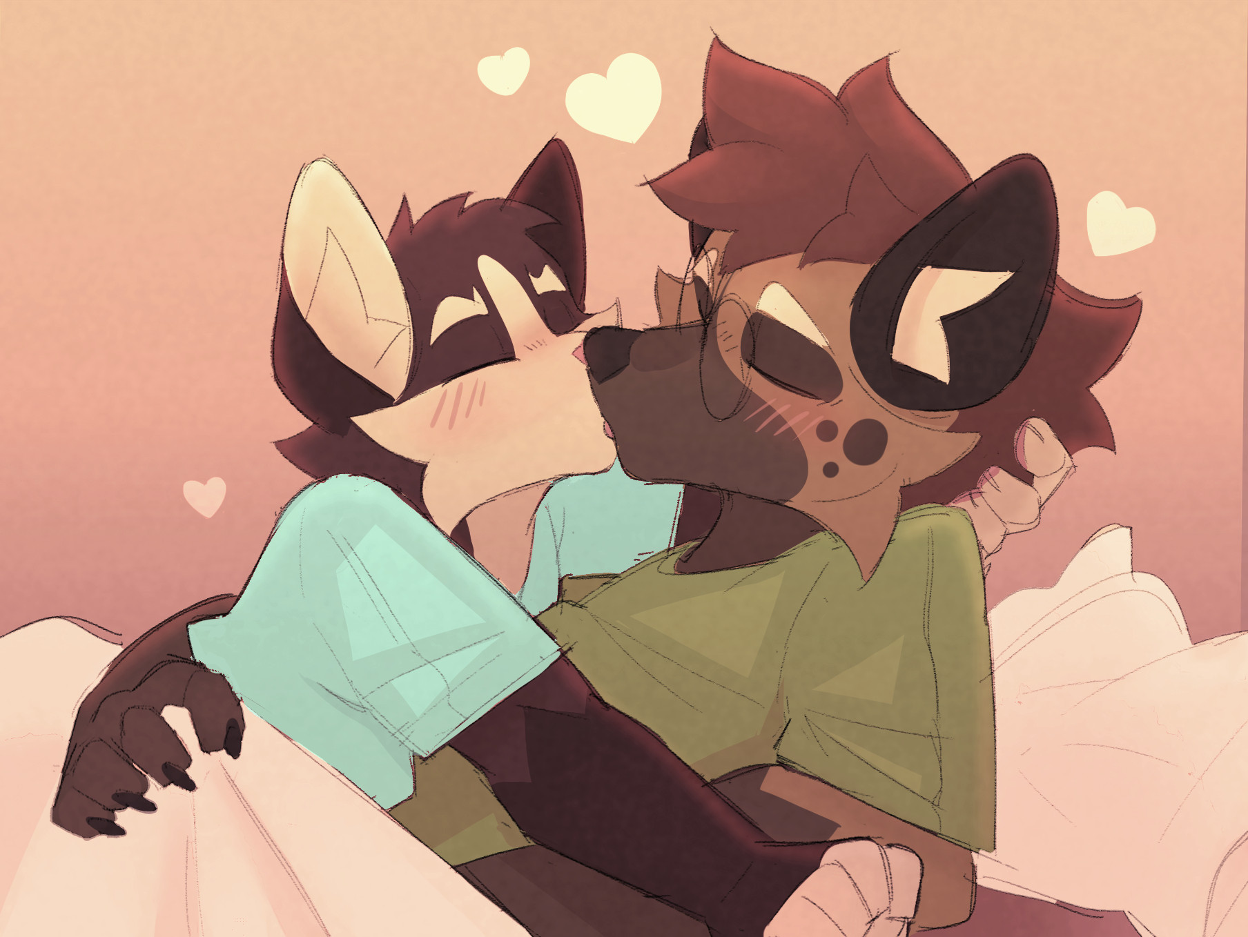 Art by brokesgone of Milo and Harvey, two lovers kissing in bed. #furry #furryart #brokesart