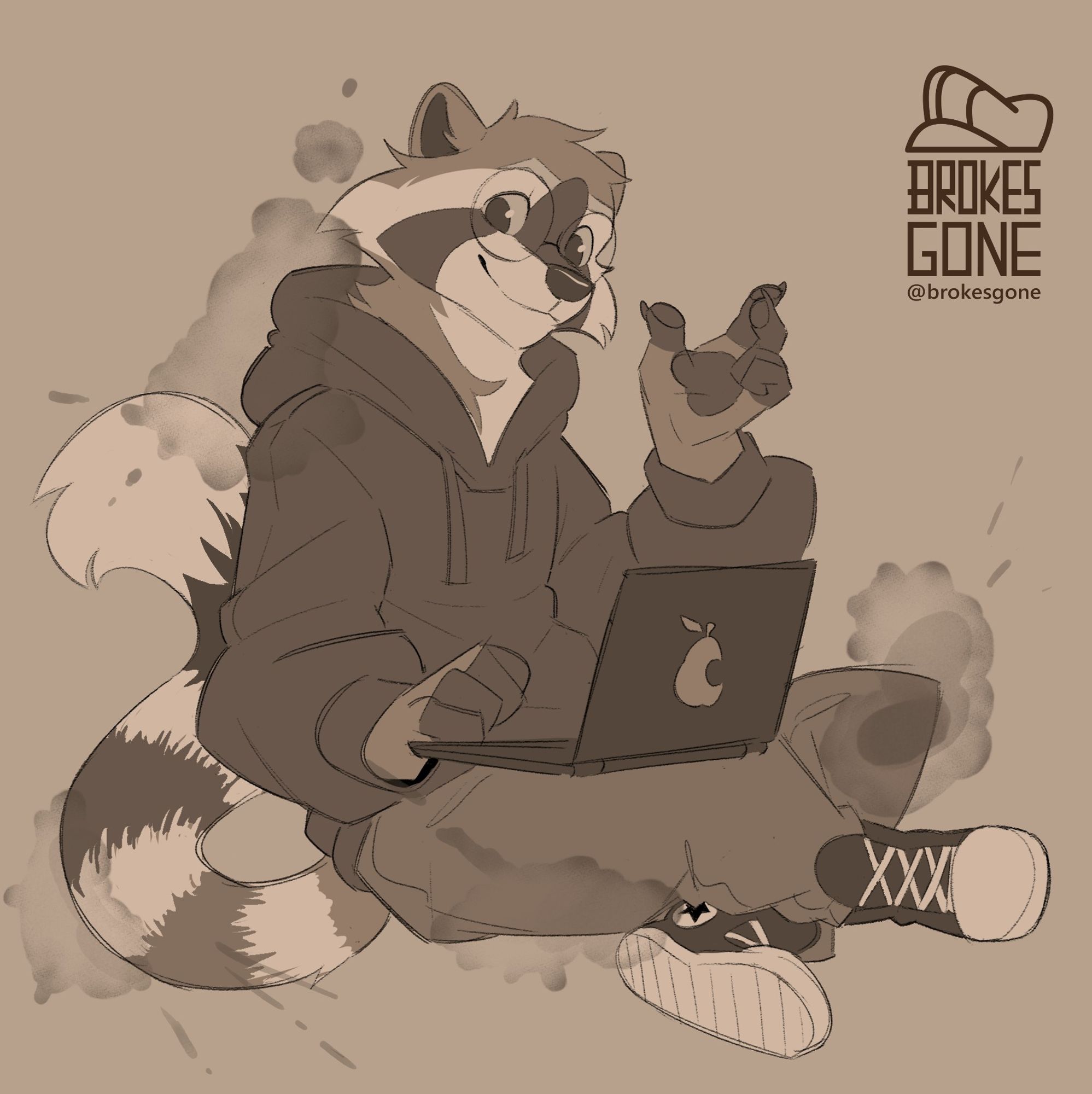 Art by Brokesgone of a raccoon getting ready to do some work on their laptop. #furry #furryart #brokesart