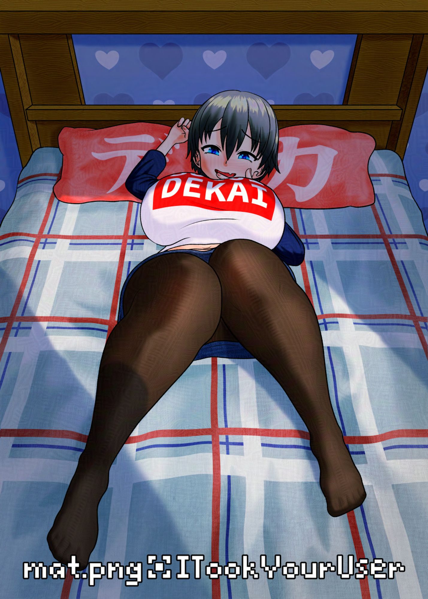 Digital fan art illustration of Hana Uzaki from manga "Uzaki-chan wa Asobitai!" She's lying in bed wearing her iconic "Sugoi Dekai" outfit and smirking at the viewer. Light leaks into the scene from behind the viewer.