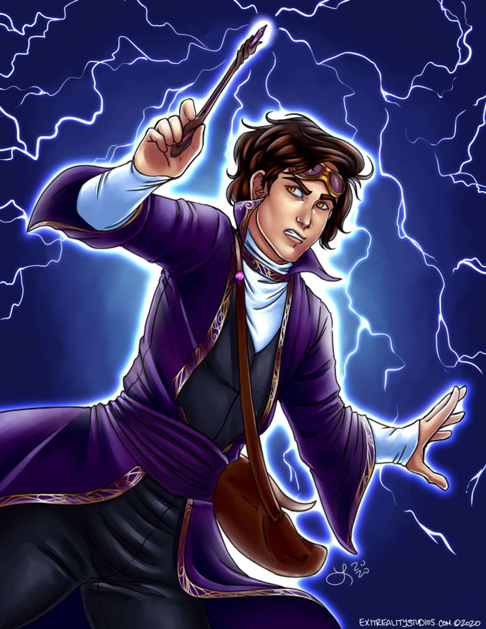 Artistic rendering of a wizard. He has tussled brown hair and golden eyes, with a pair of purple-lensed goggles on his forehead. He wears a black and white suit with a gold-trimmed purple overcoat and has a brown satchel slung over his shoulder. He holds a wand aloft and is channeling lightning all around him with a determined expression on his face.