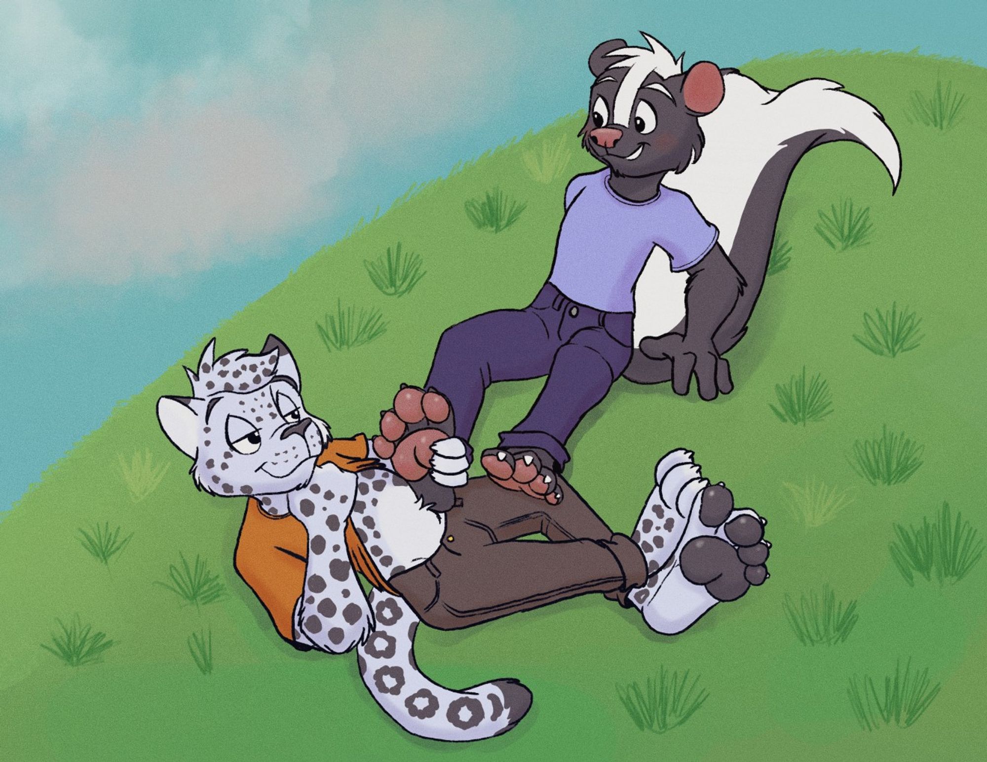 On a hill in the daytime, a barefoot skunk person in a t-shirt and jeans smiles with a slightly bashful expression while his friend, a snow leopard in an orange shirt and brown pants, lifts his shirt to expose his fuzzy belly in offer as a foot rest, while one of his hands squeezes the skunk's foot like it's encouraging that foot to rest on his stomach.