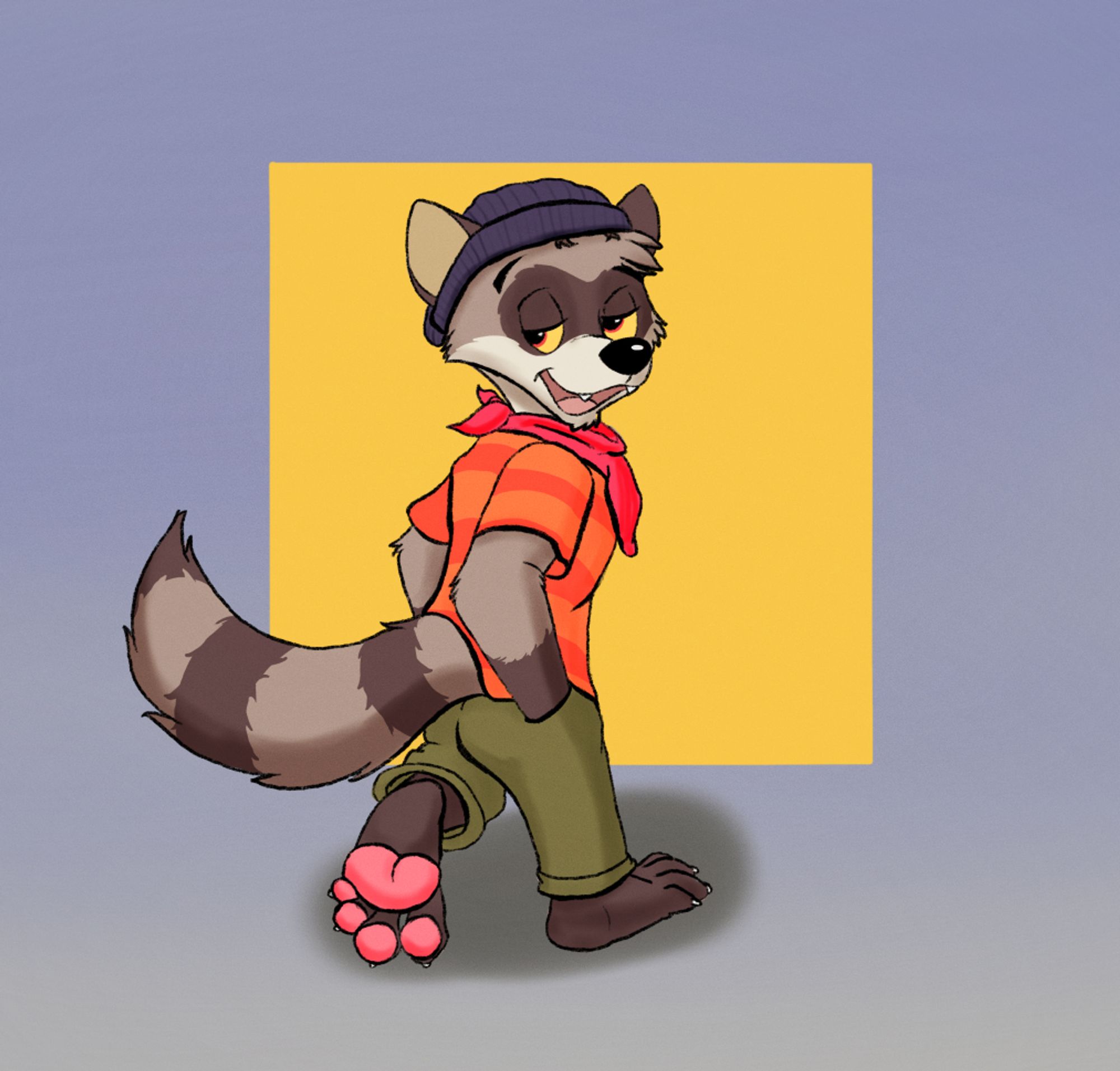 Toony raccoon person wearing a blue beanie, red neckerchief, orange striped shirt, and green pants looking over his shoulder as he walks towards the background. One foot is lifted, showing off the underside of his foot.