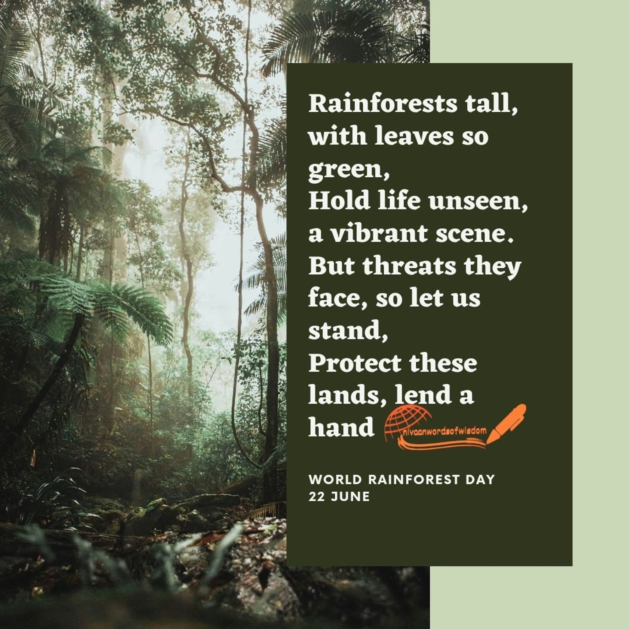 Rainforests tall, with leaves so green,
Hold life unseen, a vibrant scene.
But threats they face, so let us stand,
Protect these lands, lend a hand.


WORLD RAINFOREST DAY 
22 JUNE