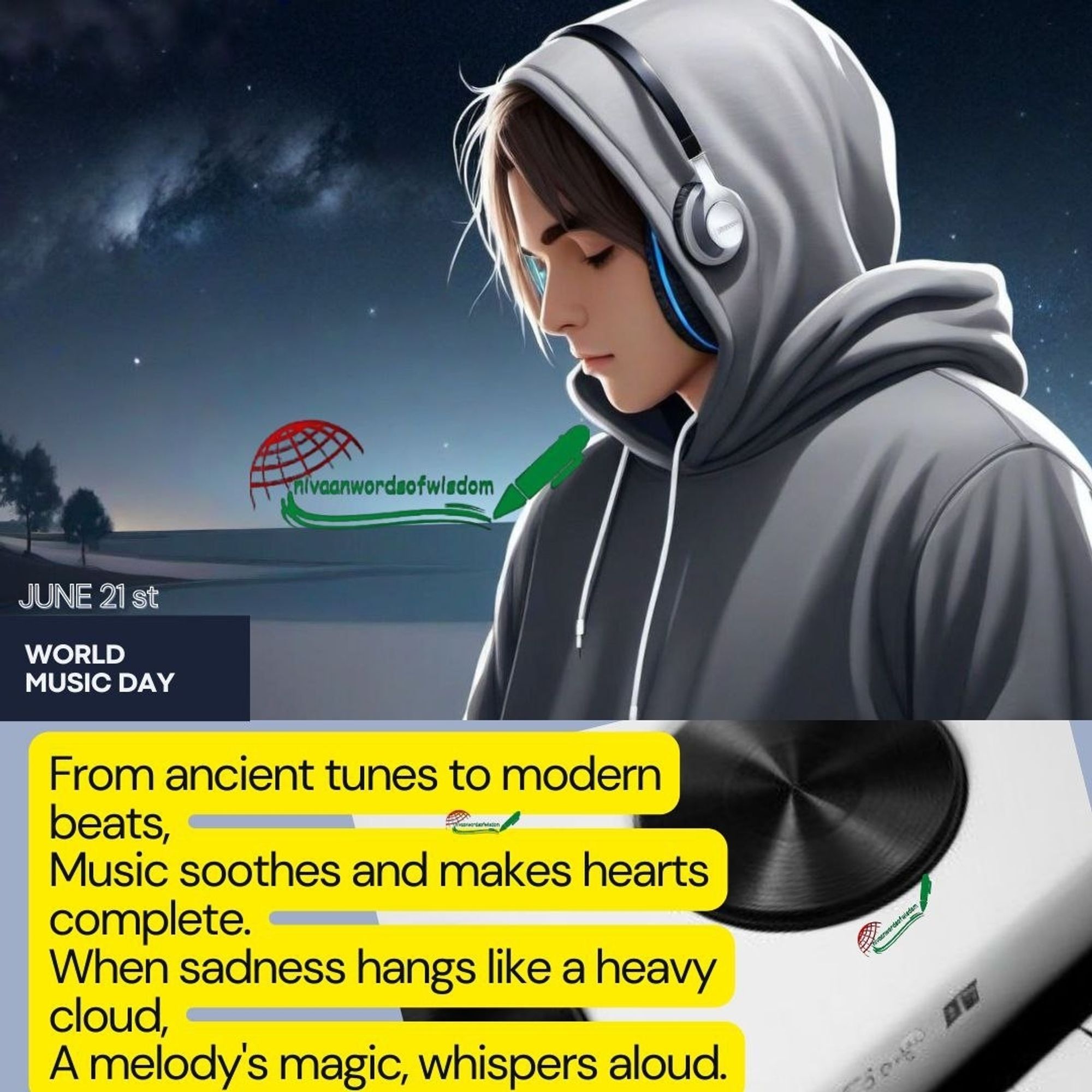 JUNE 21ST
WORLD MUSIC DAY

From ancient tunes to modern beats,
Music soothes and makes hearts complete.
When sadness hangs like a heavy cloud,
A melody's magic, whispers aloud