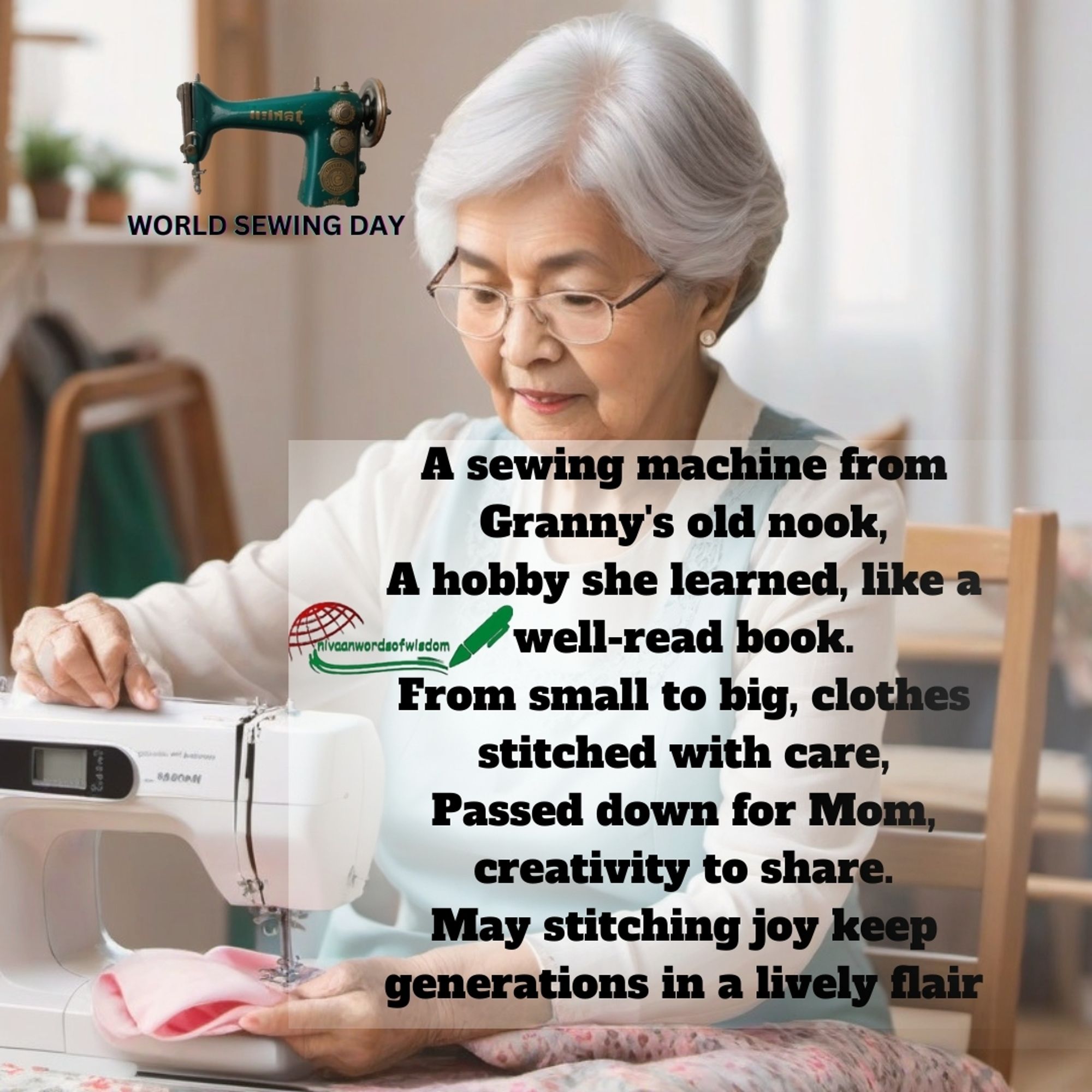 WORLD SEWING DAY

A sewing machine from Granny's old nook,
A hobby she learned, like a well-read book.
From small to big, clothes stitched with care,
Passed down for Mom, creativity to share.
May stitching joy keep generations in a lively flair