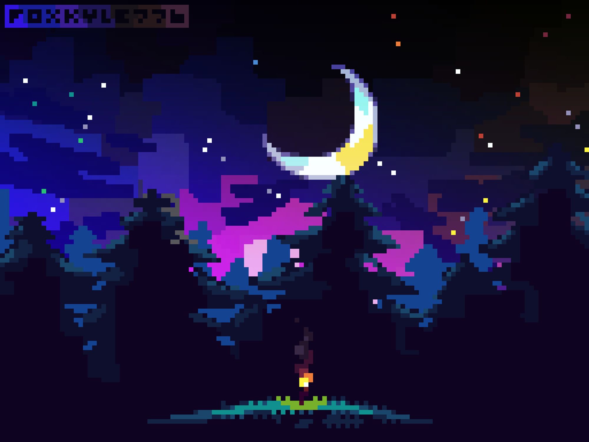 A landscape with tall pine trees, and the beautiful night sky made of purples, blues and browns enlightened by the crescent moon in the middle, and the torch on the ground