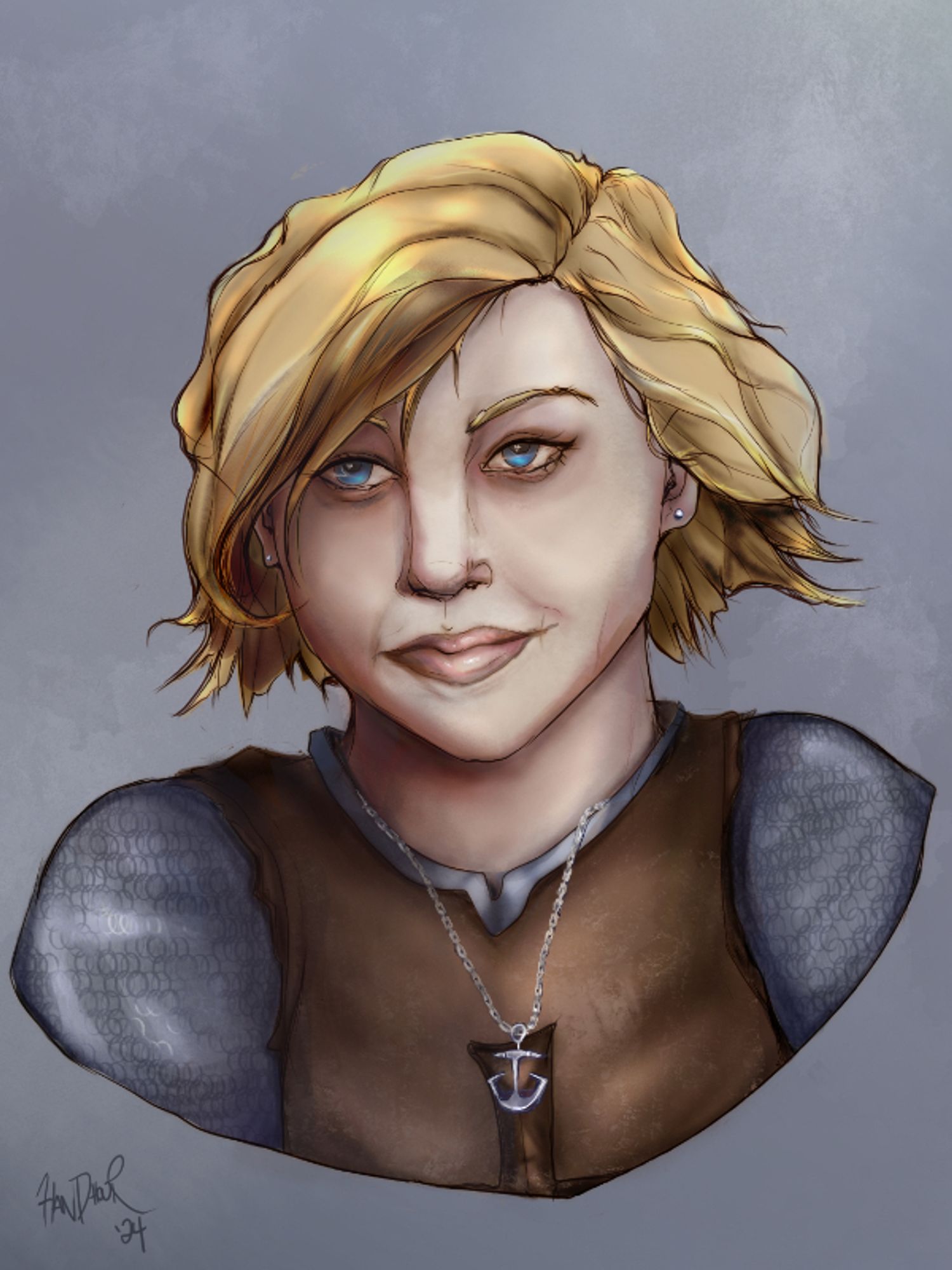 Portrait Commission of a World of Warcraft OC, Cheryl Dunn, a Kul Tiran female in her 20's-30's. She has messy short blonde hair that falls just behind her ears, and bright blue eyes. Her ears have tiny metal studs, and she wears a chain necklace with an anchor pendant. She wears a brown tabard over chain metal armor.