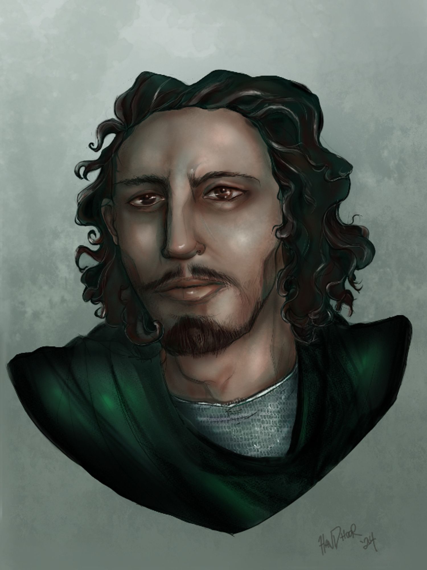 Sketch style portrait commission of a knight character, an Rp character based in World of Warcraft. Sir Beldwin has dark, middle length curly hair. He has a darker olive complexion and soulful brown eyes. He wears a green cloak, his chest armor peeking out in front, close to his throat.