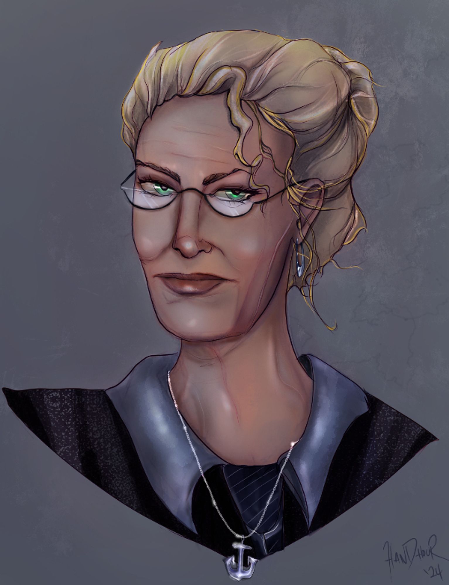 Portrait commission of an original character based in World of Warcraft. Rachel DeWitt is pictured as a older woman in her 40's-60's with blonde hair pulled into an updo. Her green eyes are piercing behind her half moon spectacles, her expression stern and judgemental. She wears a black suit with the silvery white collar of a silk shirt beneath, metal hoop earrings and a chain necklace with an anchor pendant.