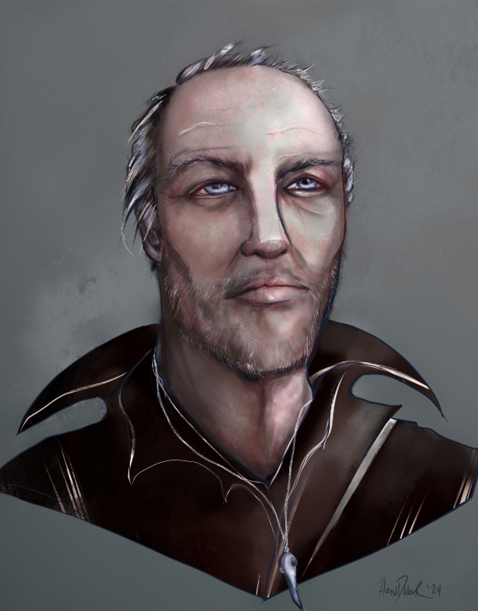 Sketch style colored portrait commission of an original character based in World of Warcraft. The man's age has set in, with short gray, thinning hair and grey speckled throughout his eyebrows and facial hair. His pale blue eyes face forward and slightly upward, bearing a stoic expression. He is dressed in brown leathers with a disheveled frock collar. He wears a thin chain around his neck with a pendant of a metal crow skull dangling from it.